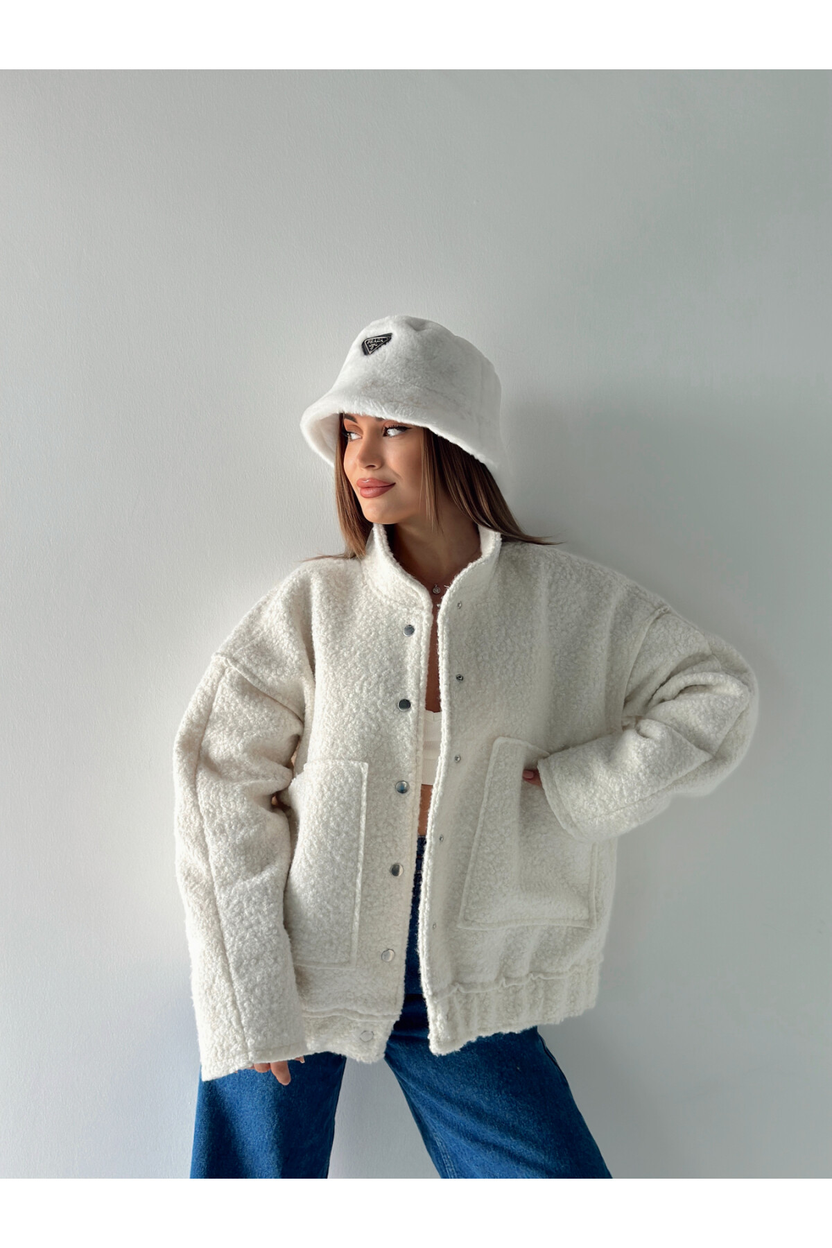 Ekru Büyük Cepli Buklet Bomber Ceket