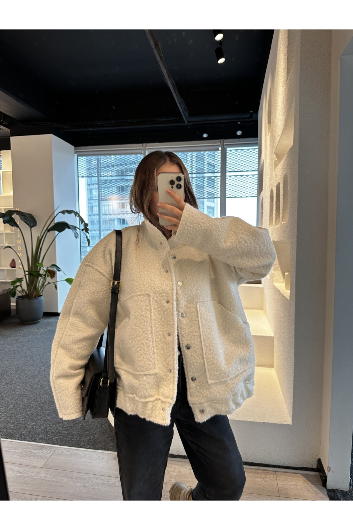 Ekru Büyük Cepli Buklet Bomber Ceket