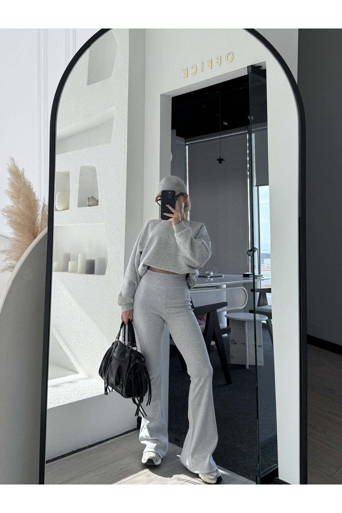 Gri Yüksek Bel Toparlayıcı İspanyol Paça Eşofman Altı