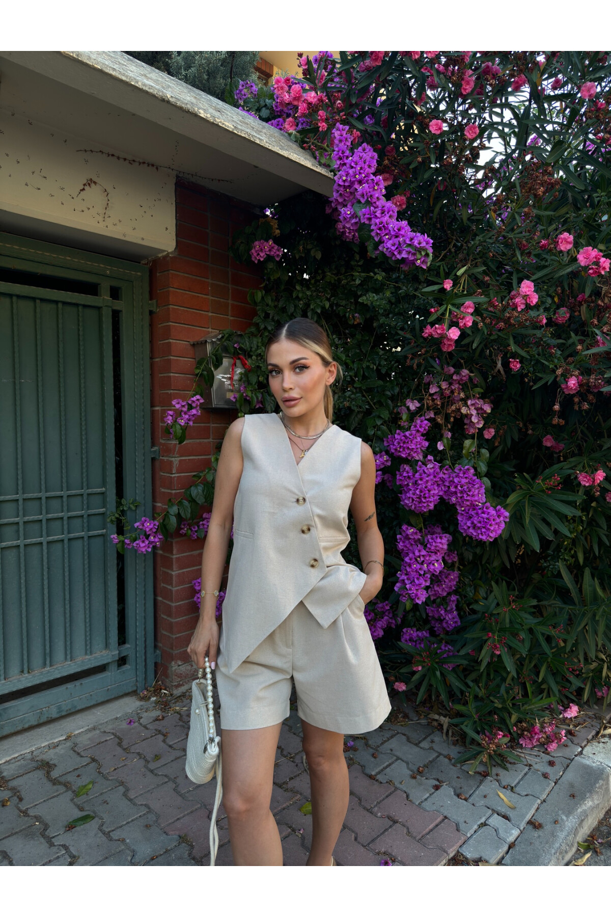 Kadın Krem %100 Organik Keten Yelek Şort İkili Takım