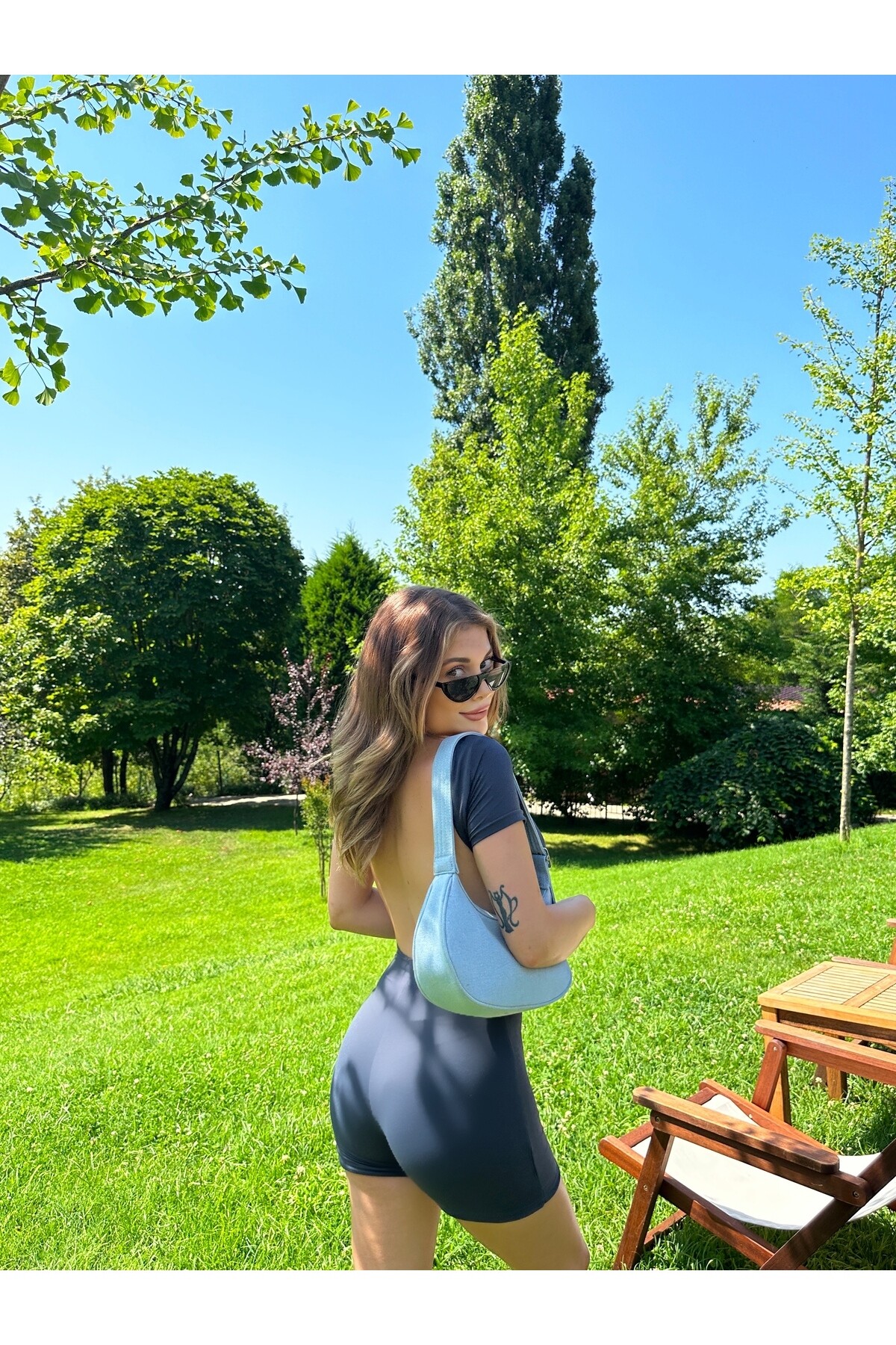 Kadın Antrasit Sırt Dekolteli Tulum