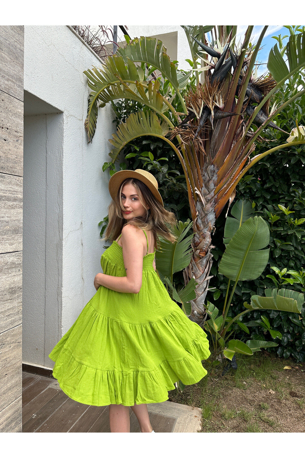 Kadın Ayarlanabilir Askılı Astarlı Organik Pamuk Cotton Kumaş Elbise 