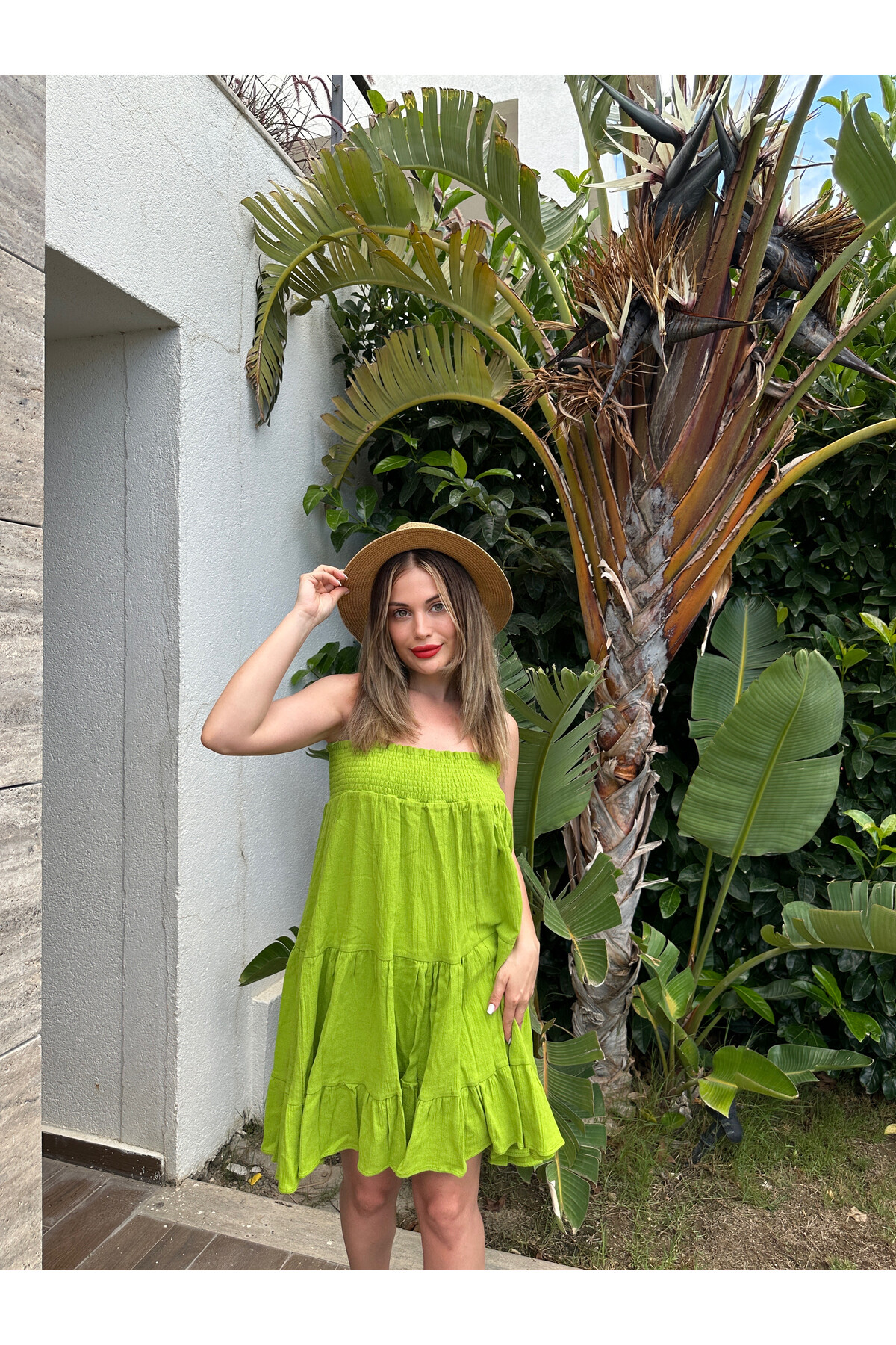 Kadın Ayarlanabilir Askılı Astarlı Organik Pamuk Cotton Kumaş Elbise 