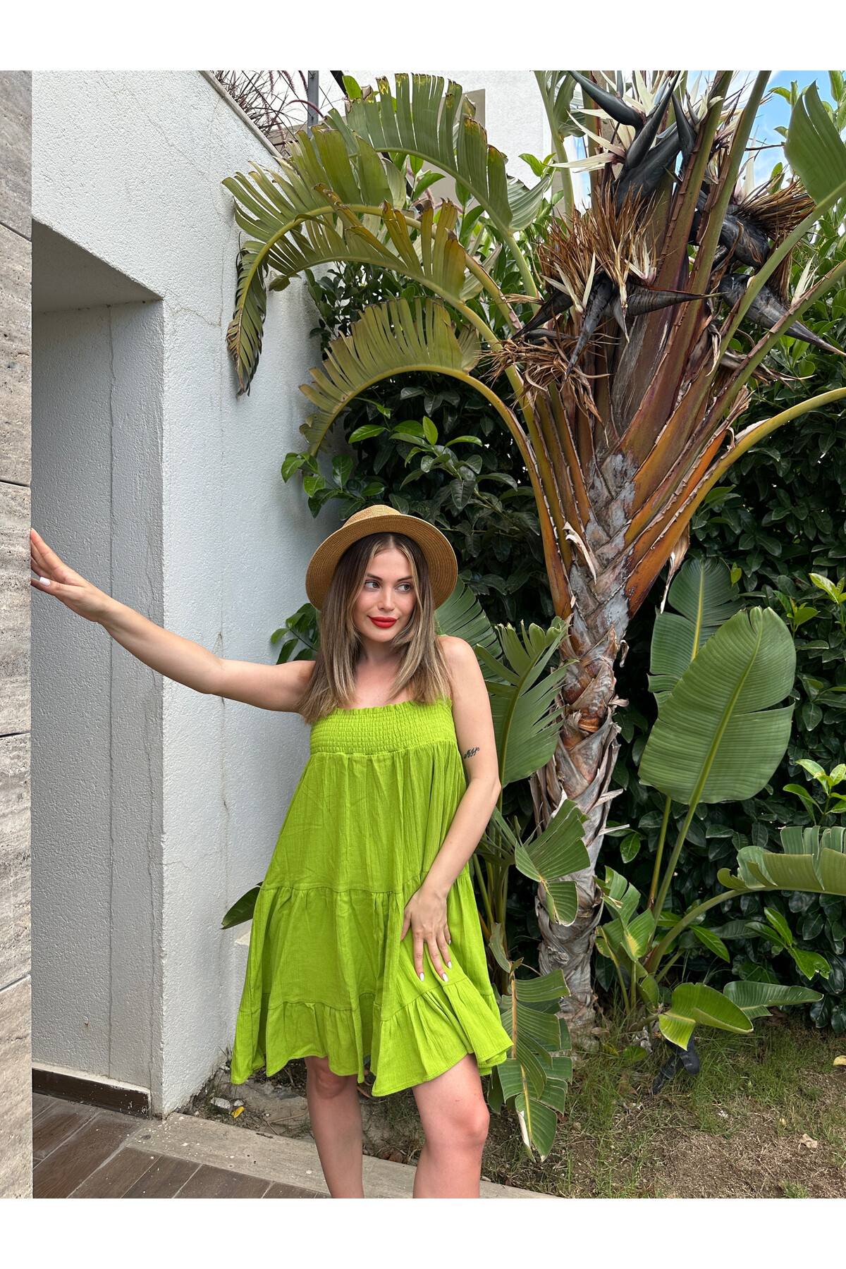 Kadın Ayarlanabilir Askılı Astarlı Organik Pamuk Cotton Kumaş Elbise 