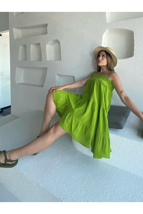 Kadın Ayarlanabilir Askılı Astarlı Organik Pamuk Cotton Kumaş Elbise 