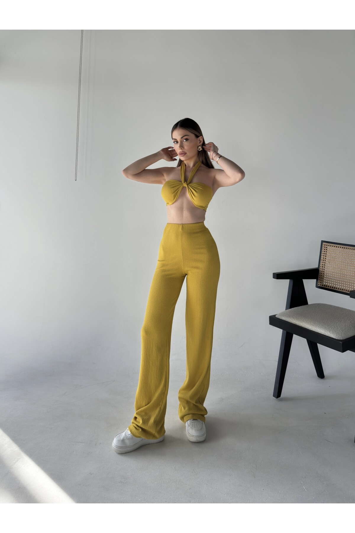 Kadın Bağlamalı-Straplez Pantolon Alt Üst Takım Hardal