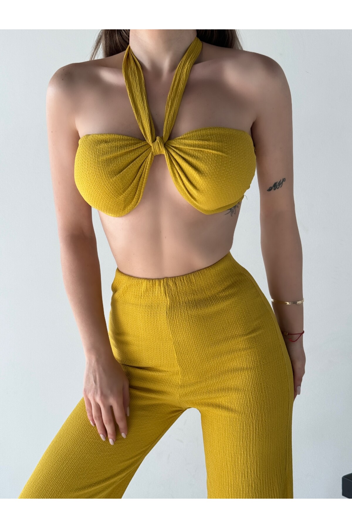 Kadın Bağlamalı-Straplez Pantolon Alt Üst Takım Hardal