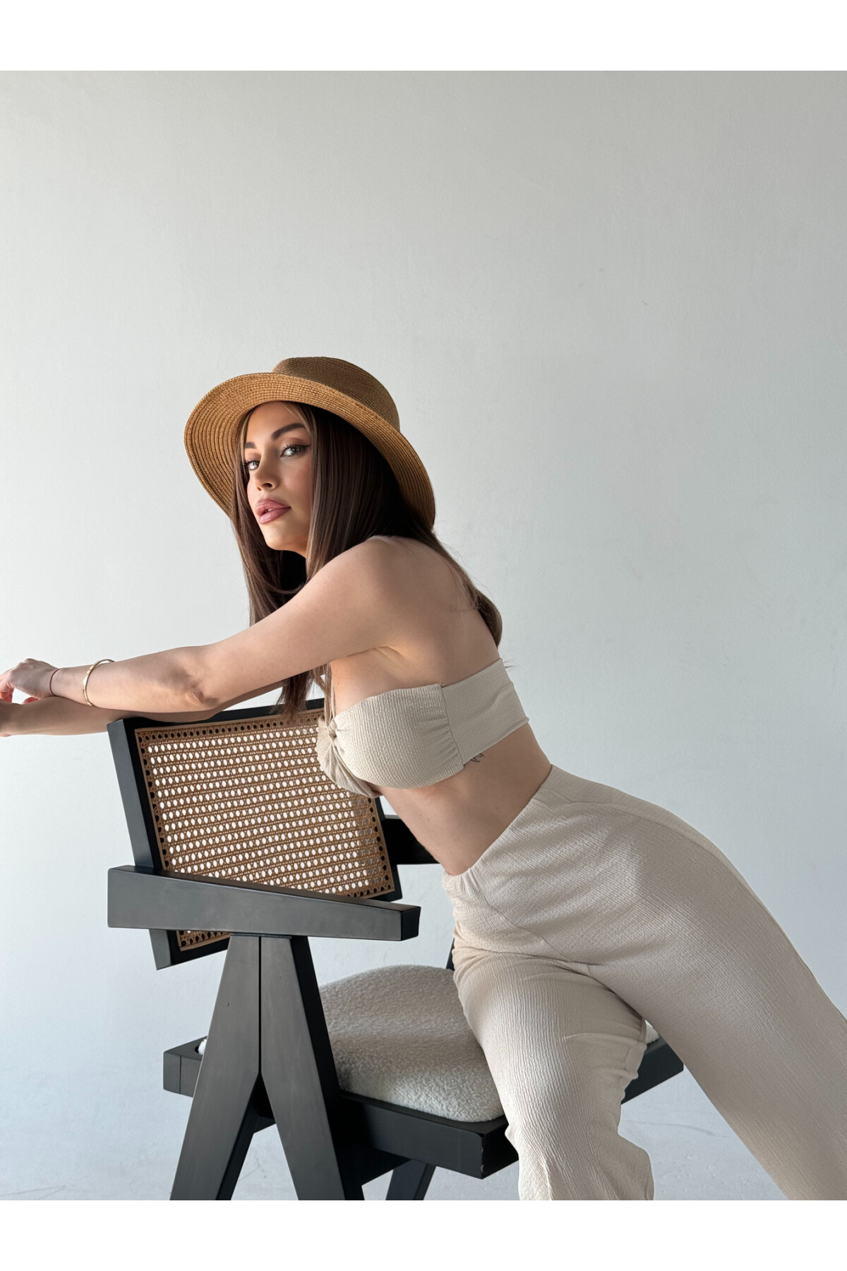 Kadın Bağlamalı-Straplez Pantolon Alt Üst Takım Taş