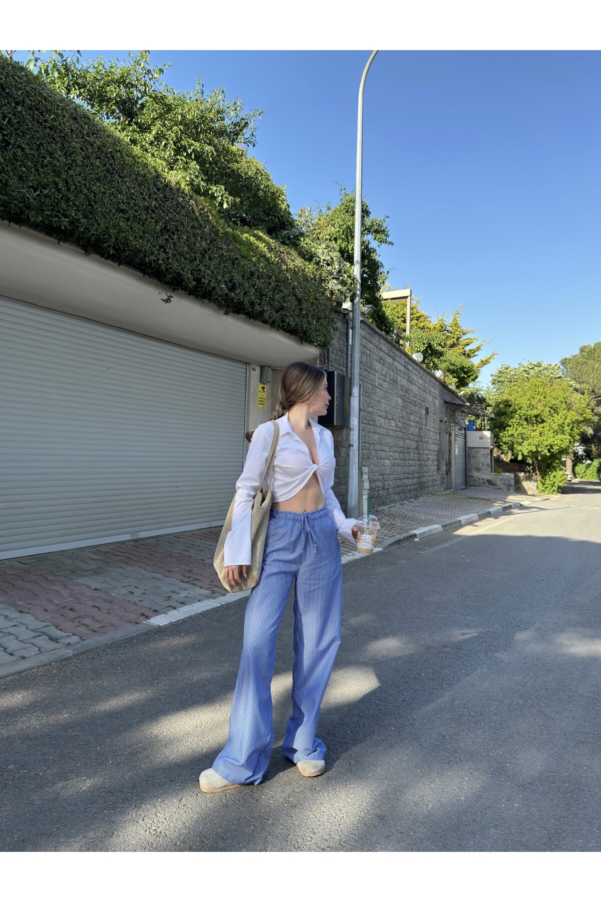 Kadın Beli Lastikli Çizgili Pantolon