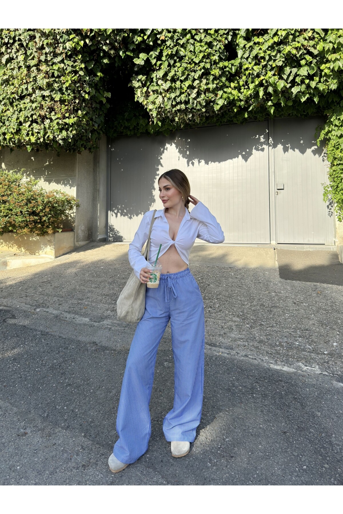 Kadın Beli Lastikli Çizgili Pantolon