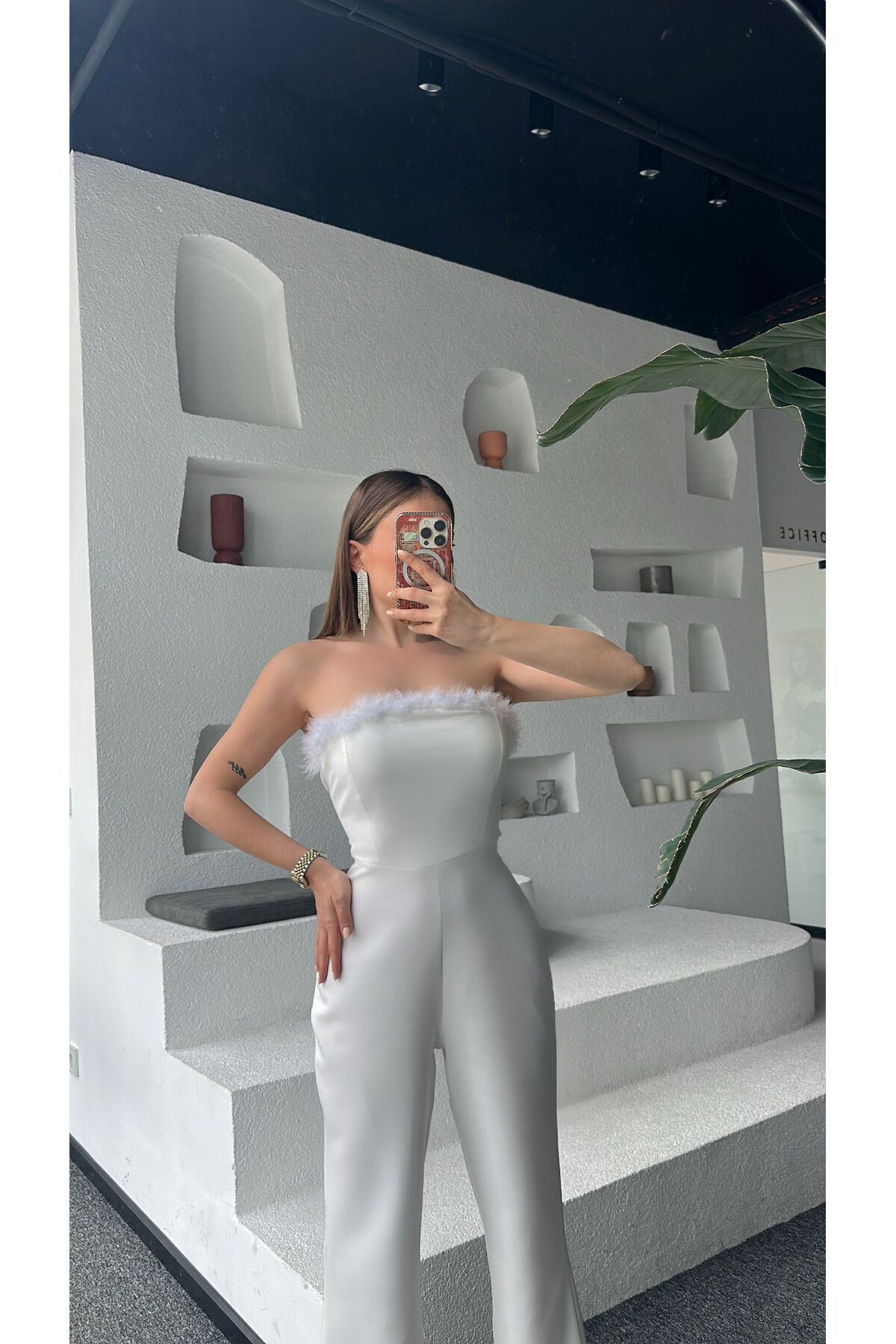 Kadın Beyaz Straplez Yaka Double Kumaş Abiye Tulum