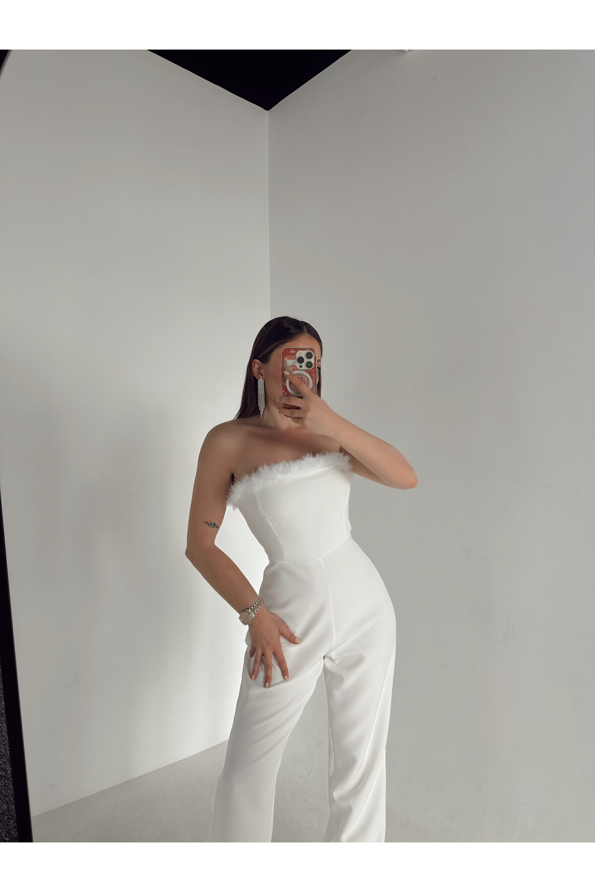 Kadın Beyaz Straplez Yaka Double Kumaş Abiye Tulum