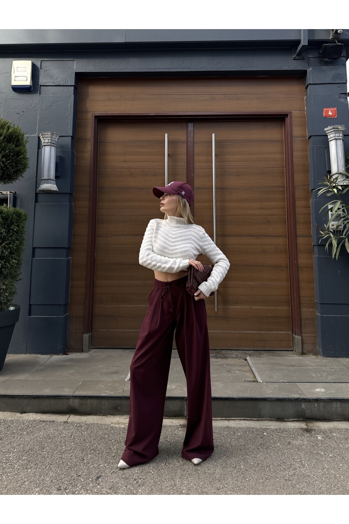 Kadın Bordo Bağcıklı Yüksek Bel Premİum Kalıp Palazzo Pantolon