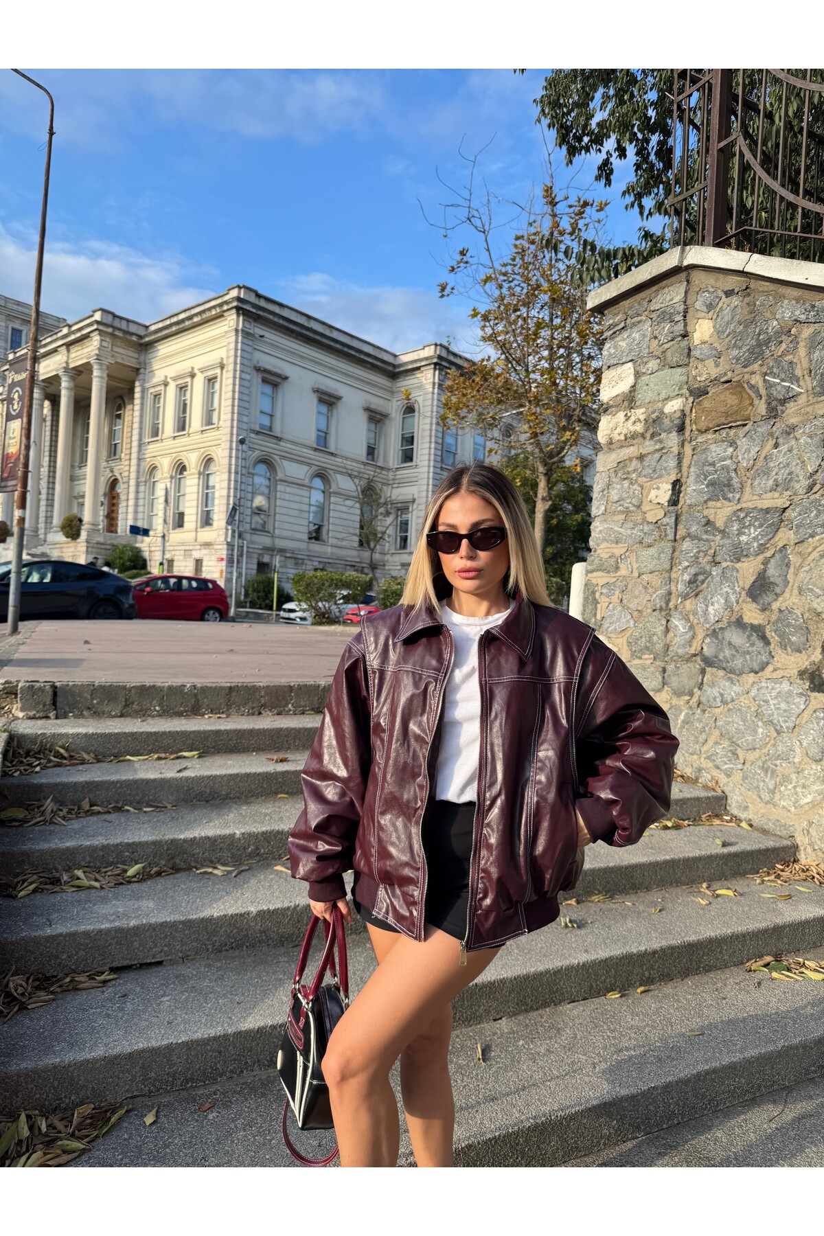 Kadın Bordo Dikiş Detaylı Deri Ceket