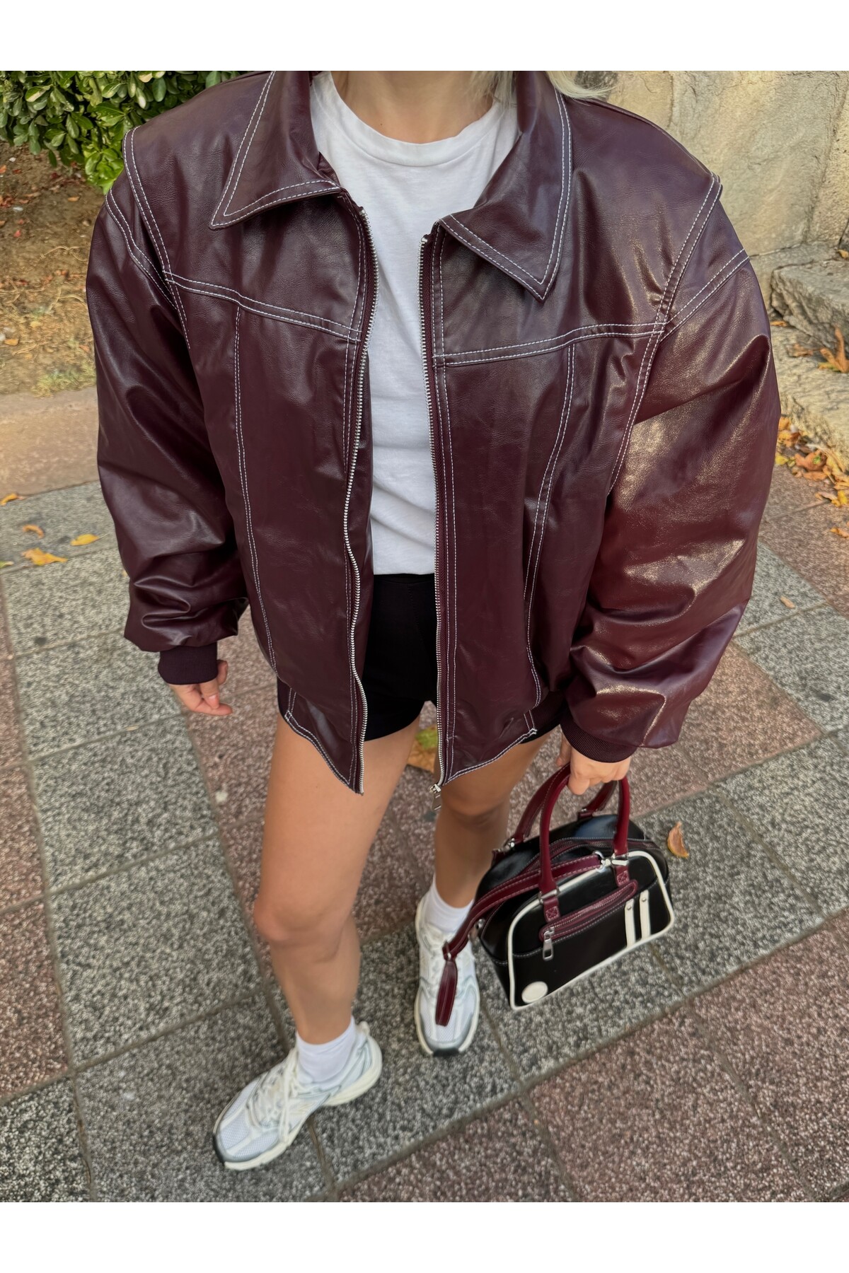 Kadın Bordo Dikiş Detaylı Deri Ceket