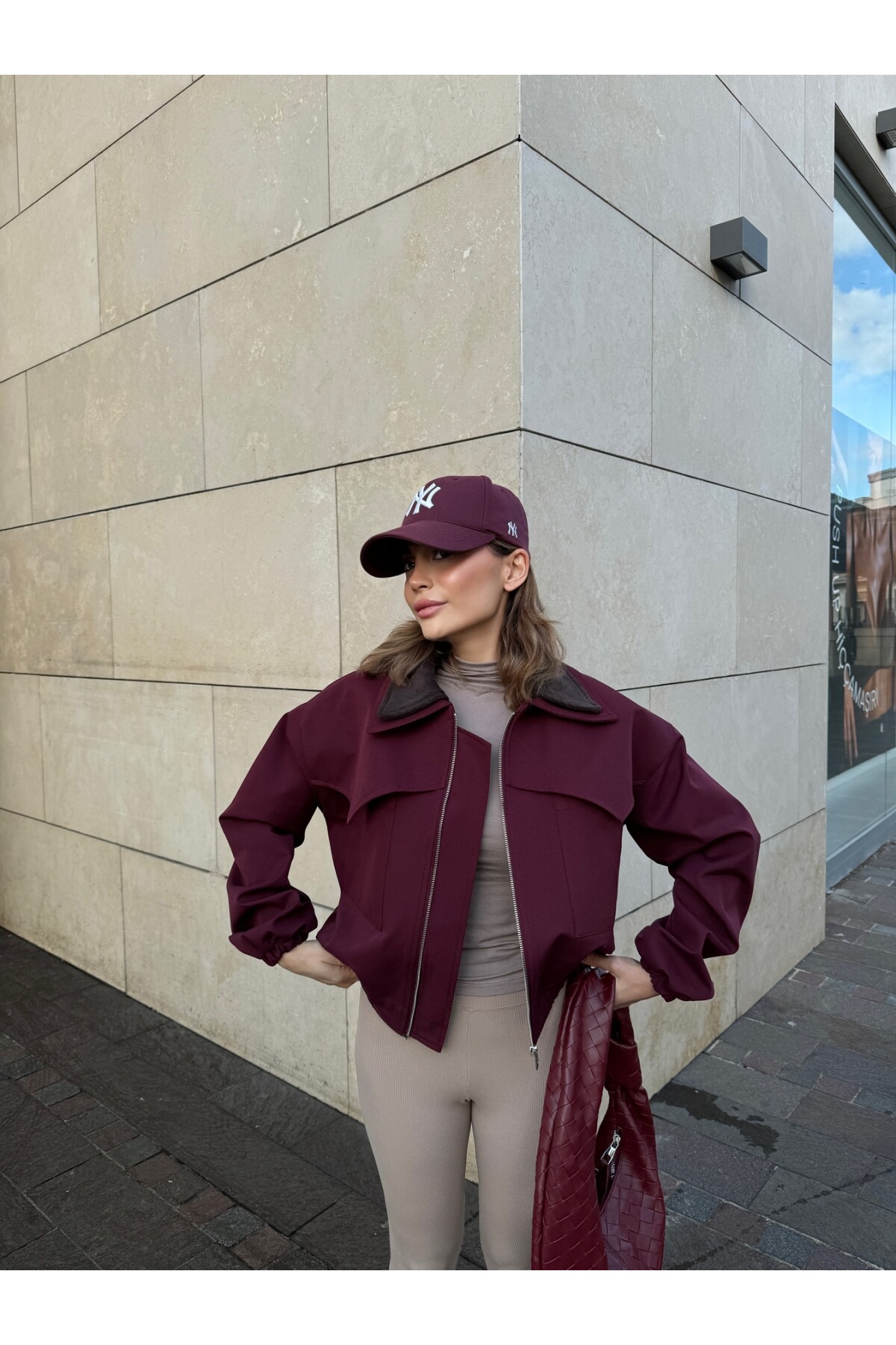 Kadın Bordo Marka Model Çift Kadife Yaka Bomber Ceket