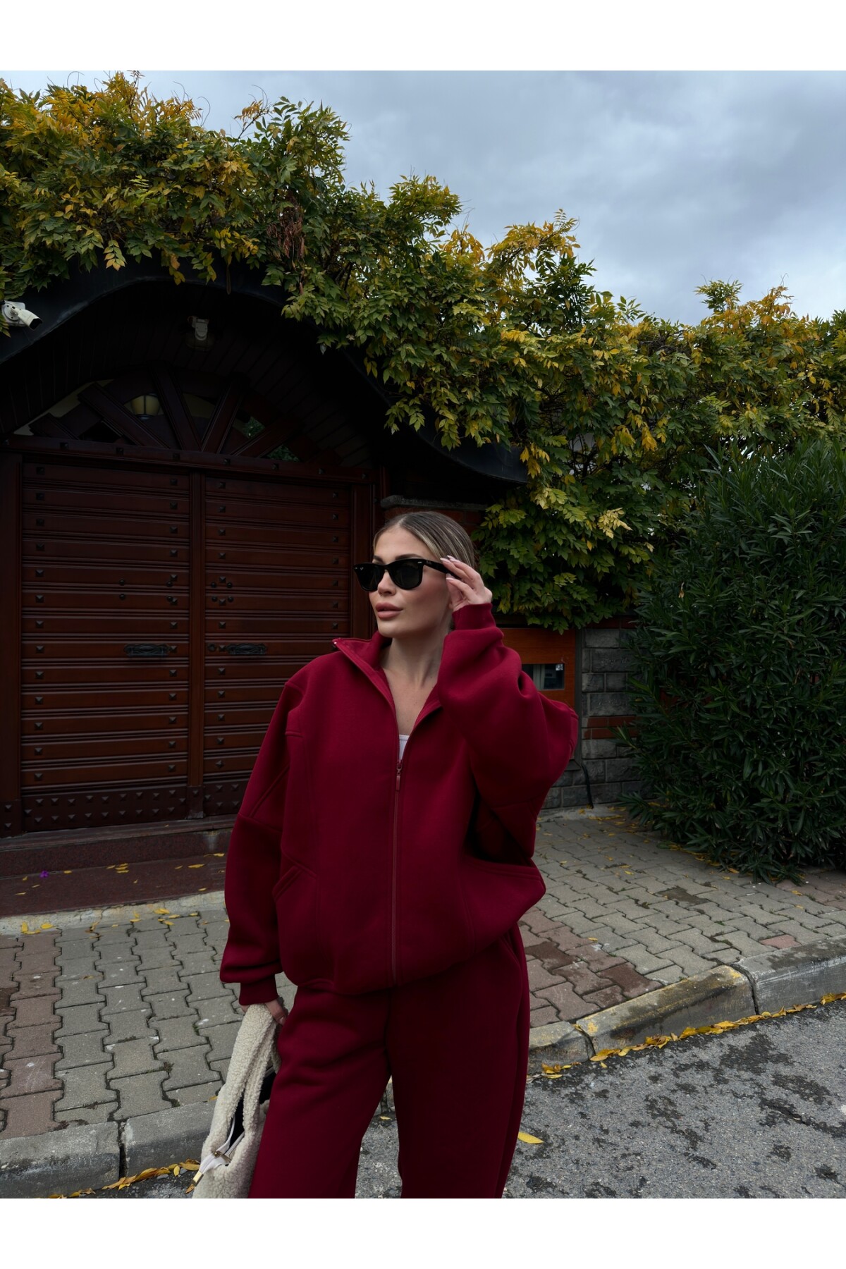 Kadın Bordo Polarlı Şardonlu İkili Premium Eşofman Takımı