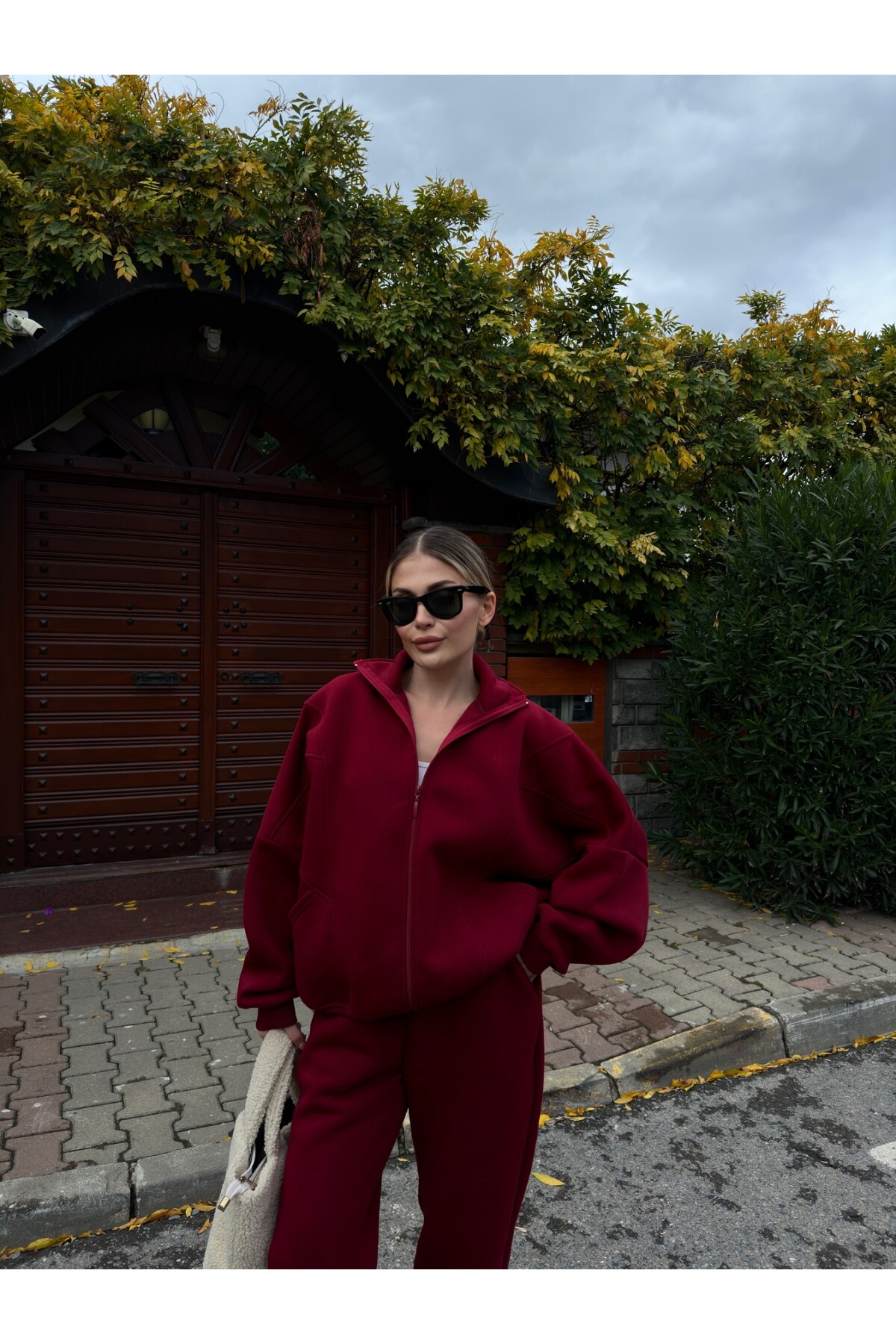 Kadın Bordo Polarlı Şardonlu İkili Premium Eşofman Takımı