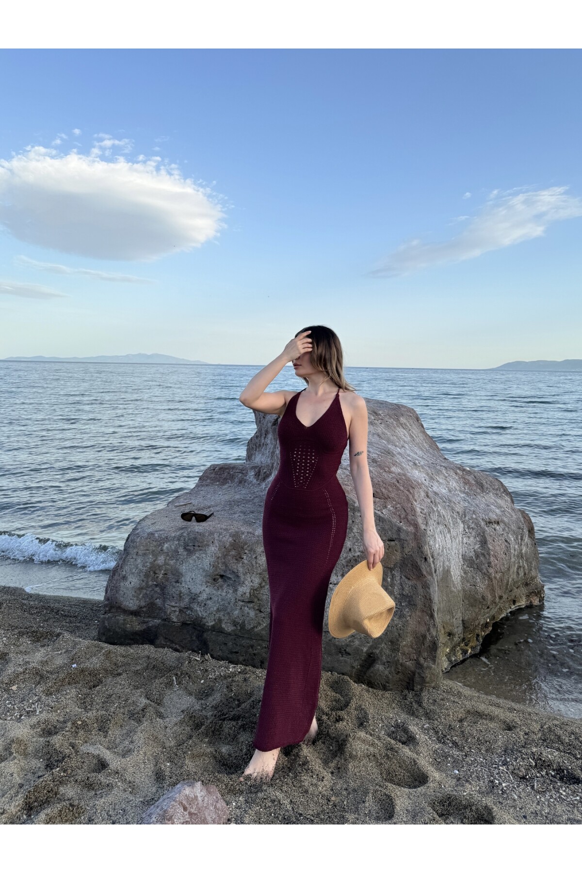 Kadın bordo sırt bağlamalı triko örgü elbise