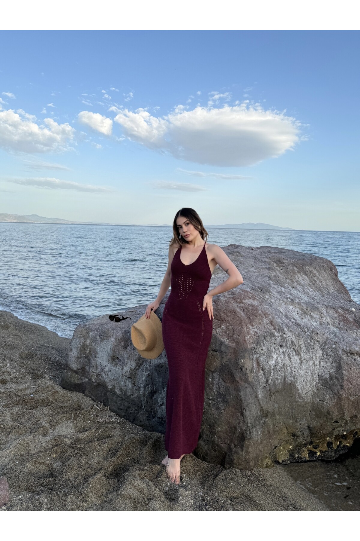 Kadın bordo sırt bağlamalı triko örgü elbise