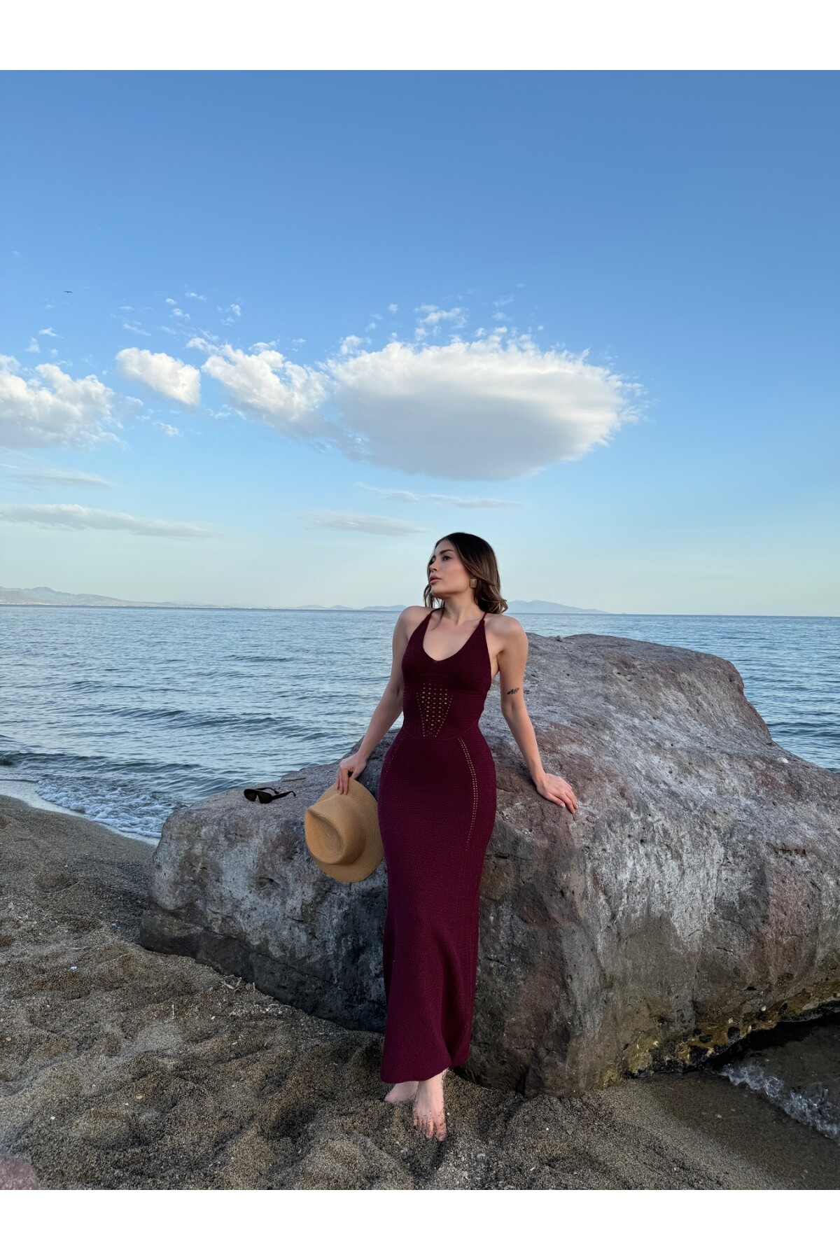 Kadın bordo sırt bağlamalı triko örgü elbise