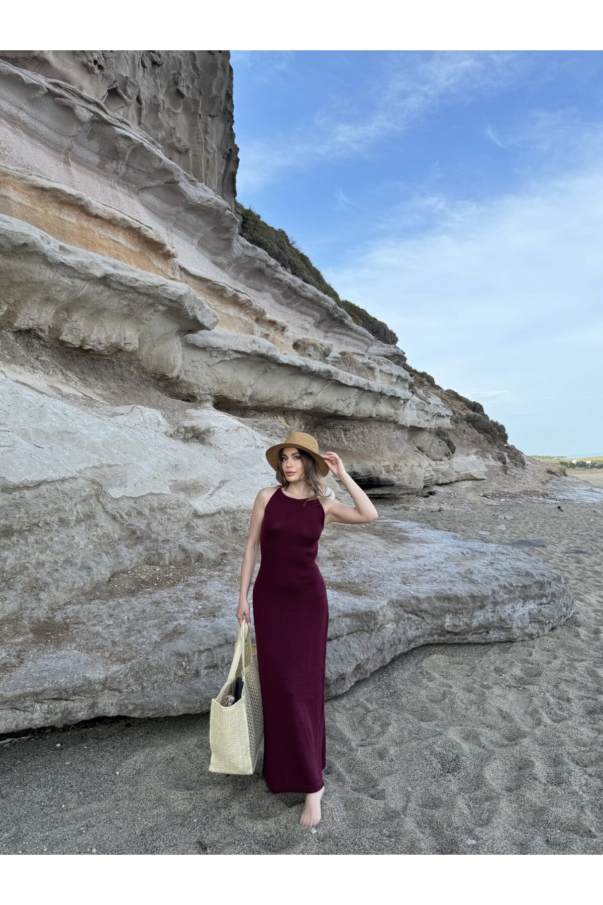 Kadın Bordo sırt dekolteli triko elbise