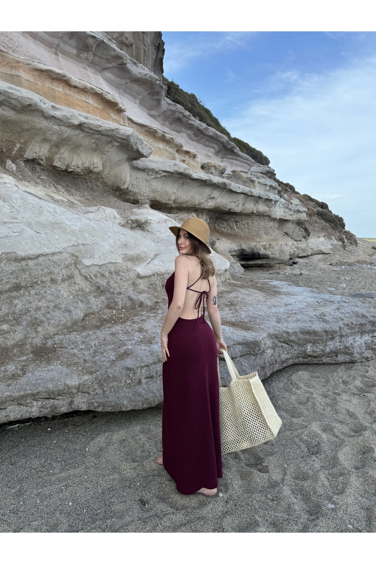 Kadın Bordo sırt dekolteli triko elbise