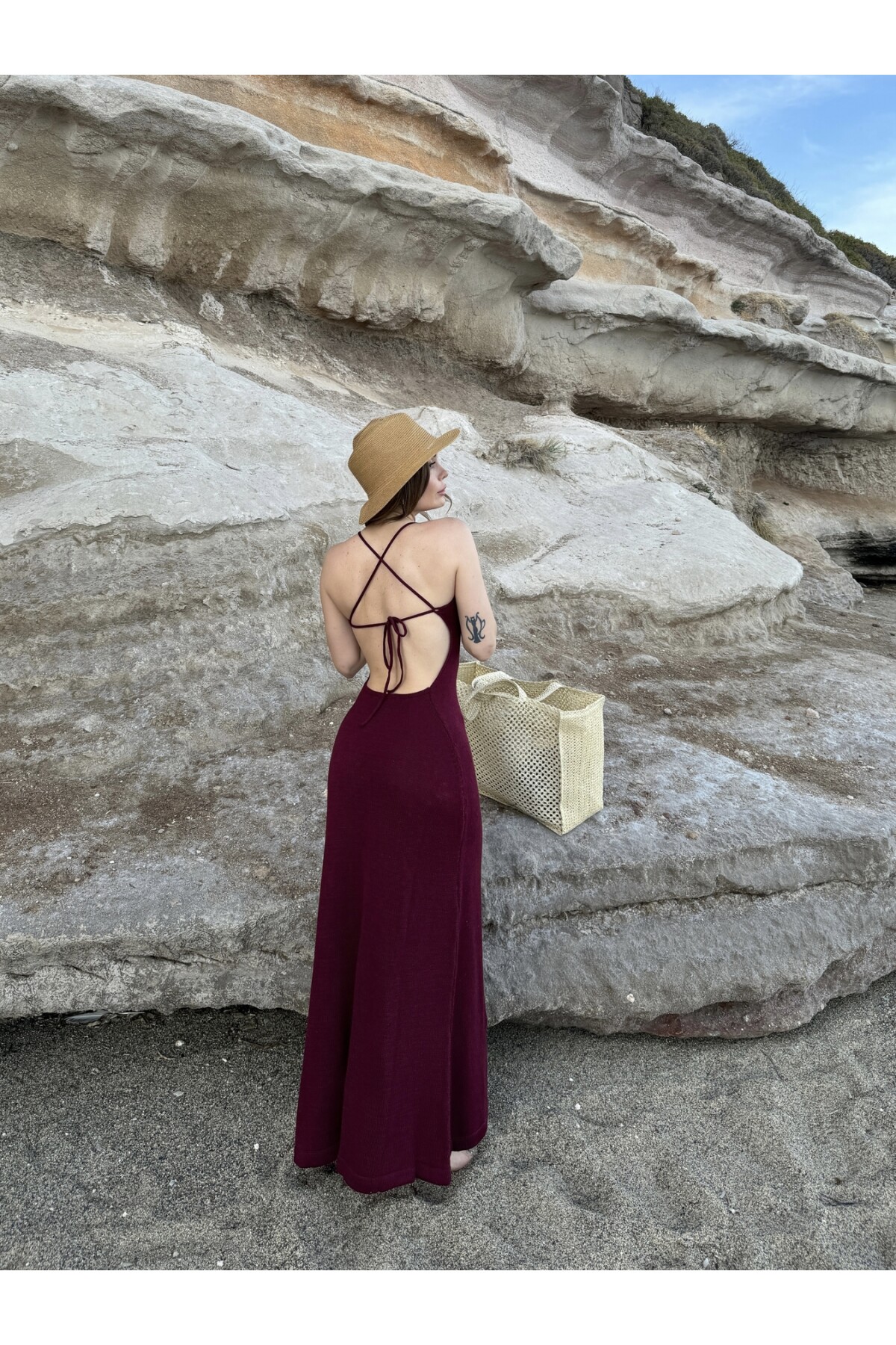 Kadın Bordo sırt dekolteli triko elbise