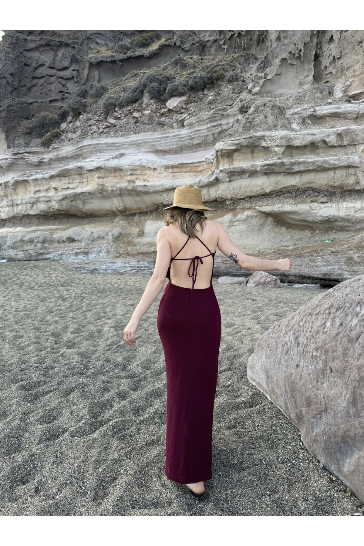 Kadın Bordo sırt dekolteli triko elbise