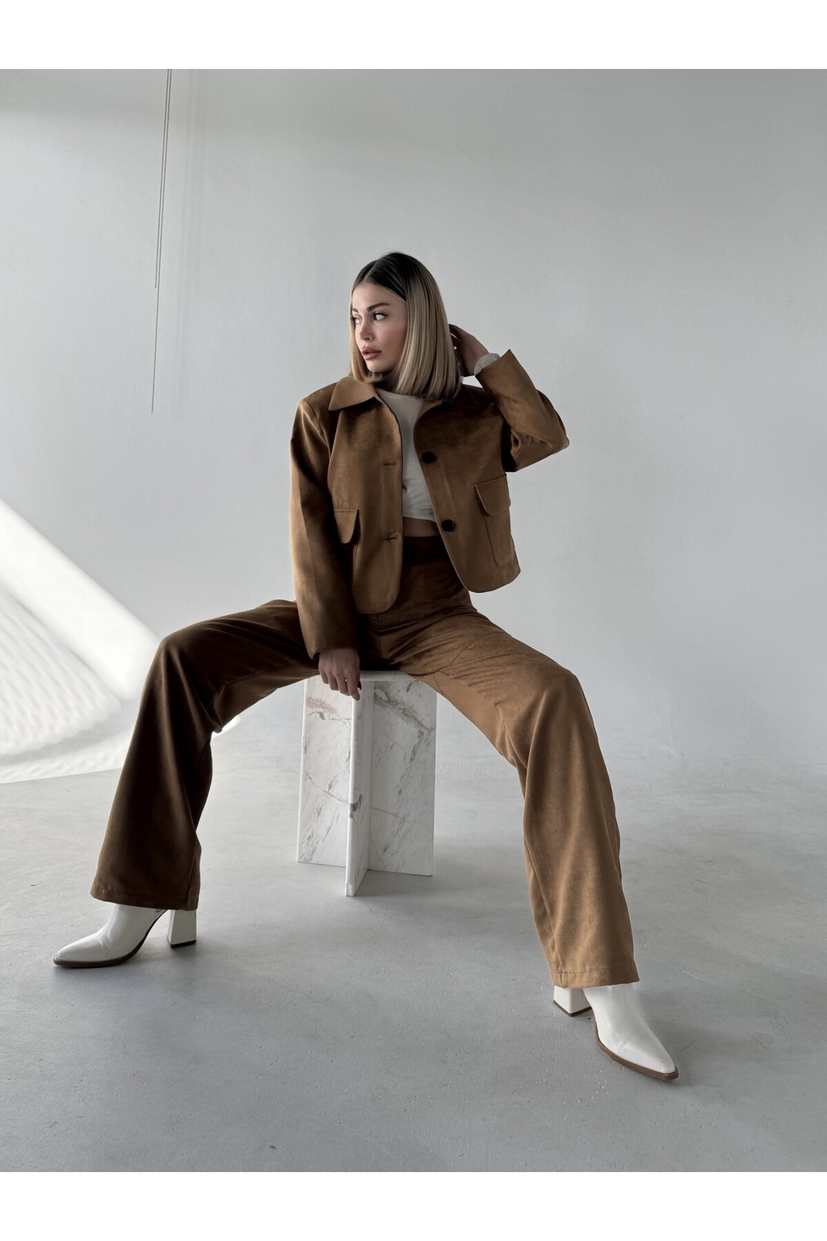 Kadın Camel Renk Süet Ceket Palazzo Pantolon İkili Takım