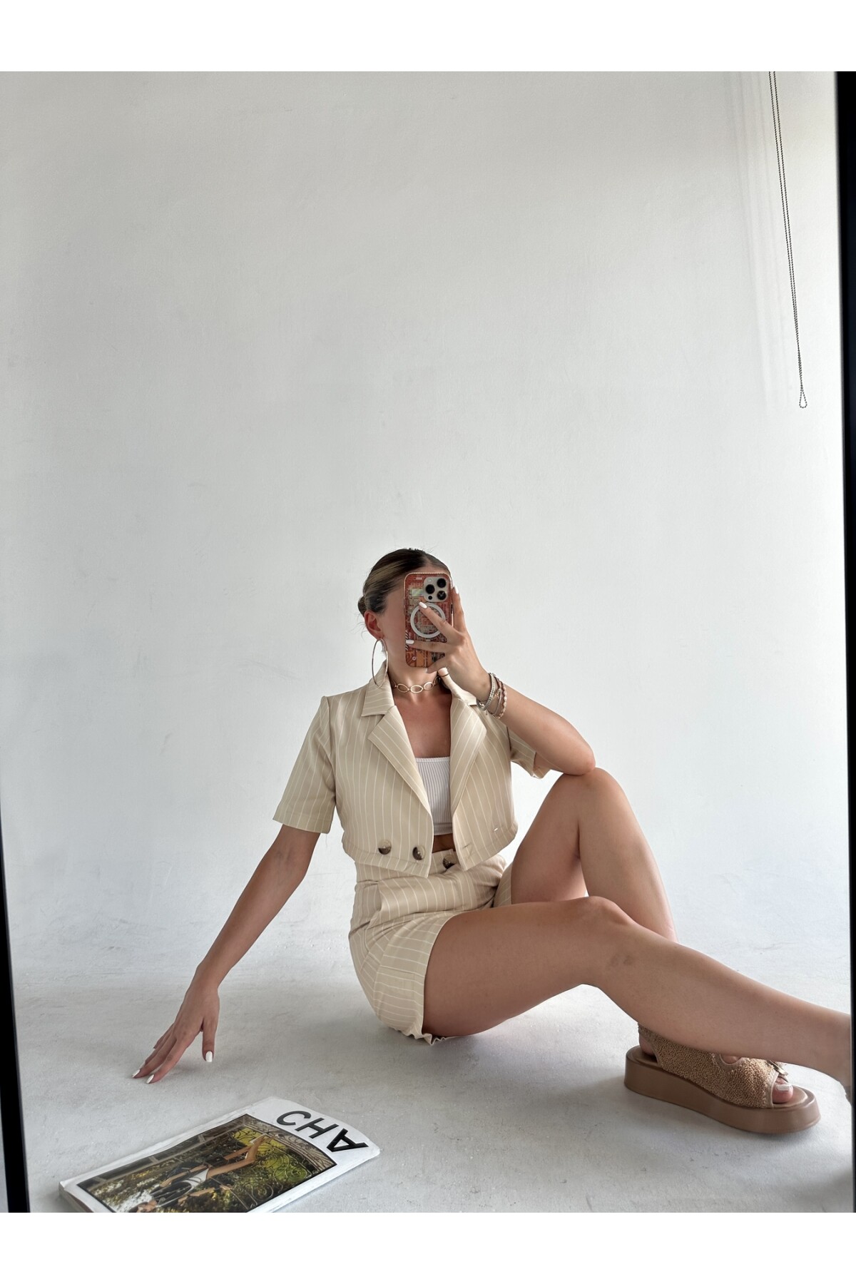 Kadın Çizgili Atlas Kumaş Şort Takım Krem