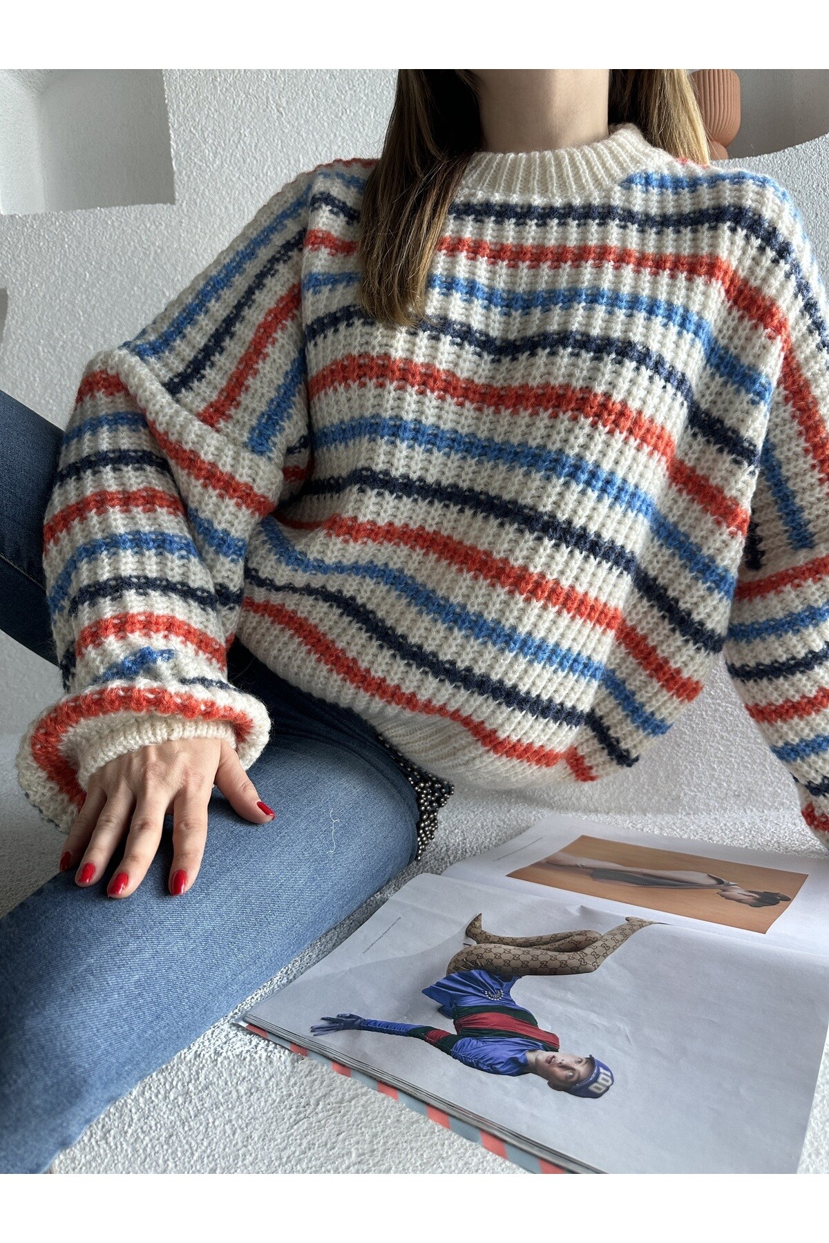 Kadın Çizgili Bisiklet Yaka Salaş Triko Kazak  Renkli