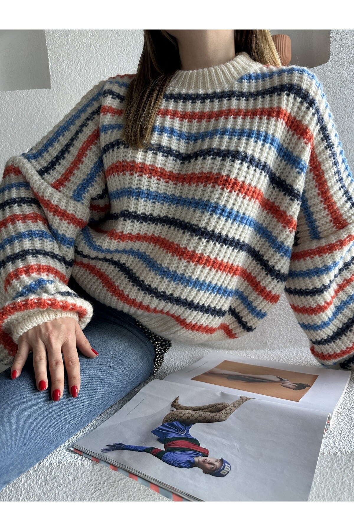 Kadın Çizgili Bisiklet Yaka Salaş Triko Kazak  Renkli