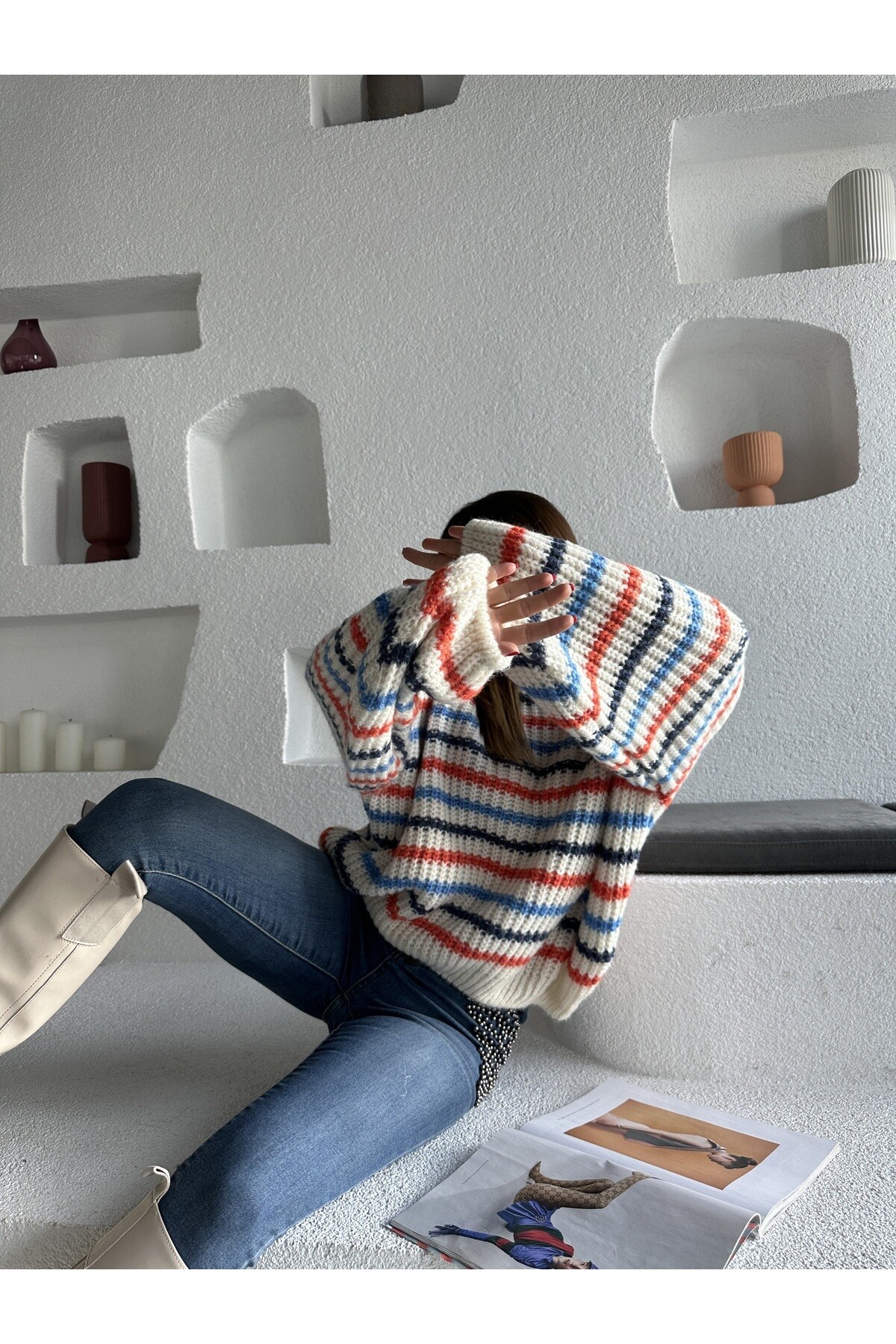 Kadın Çizgili Bisiklet Yaka Salaş Triko Kazak  Renkli