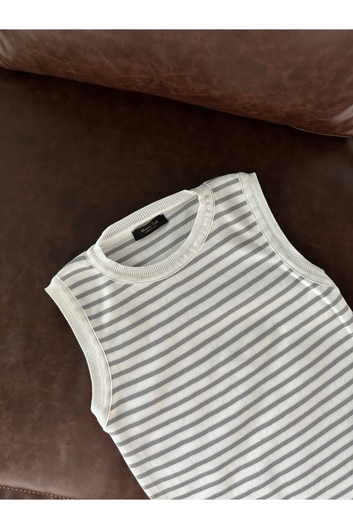 Kadın Çizgili Bisiklet Yaka Triko Bluz  Beyaz