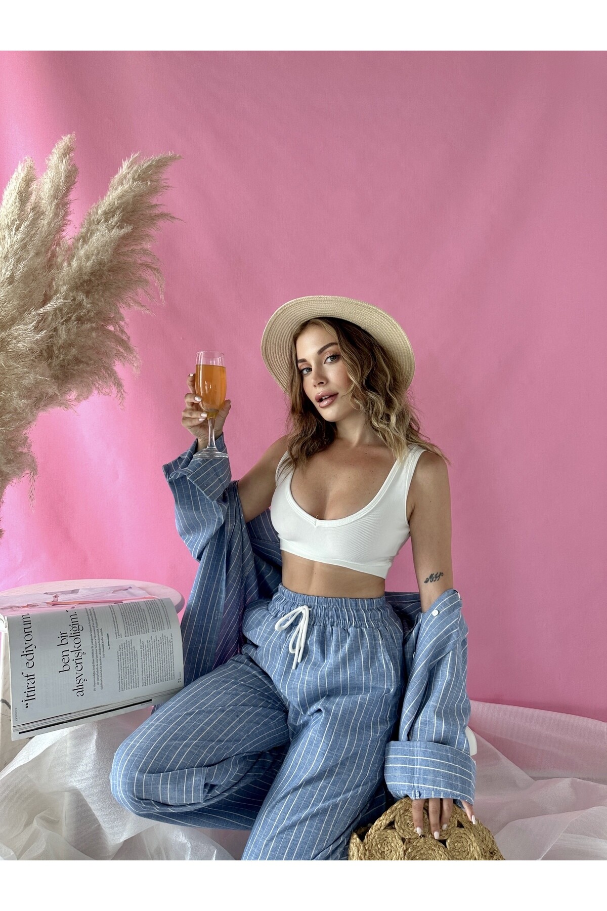 Kadın Çizgili Keten  Palazzo Pantolon  Gömlek Takım Mavi