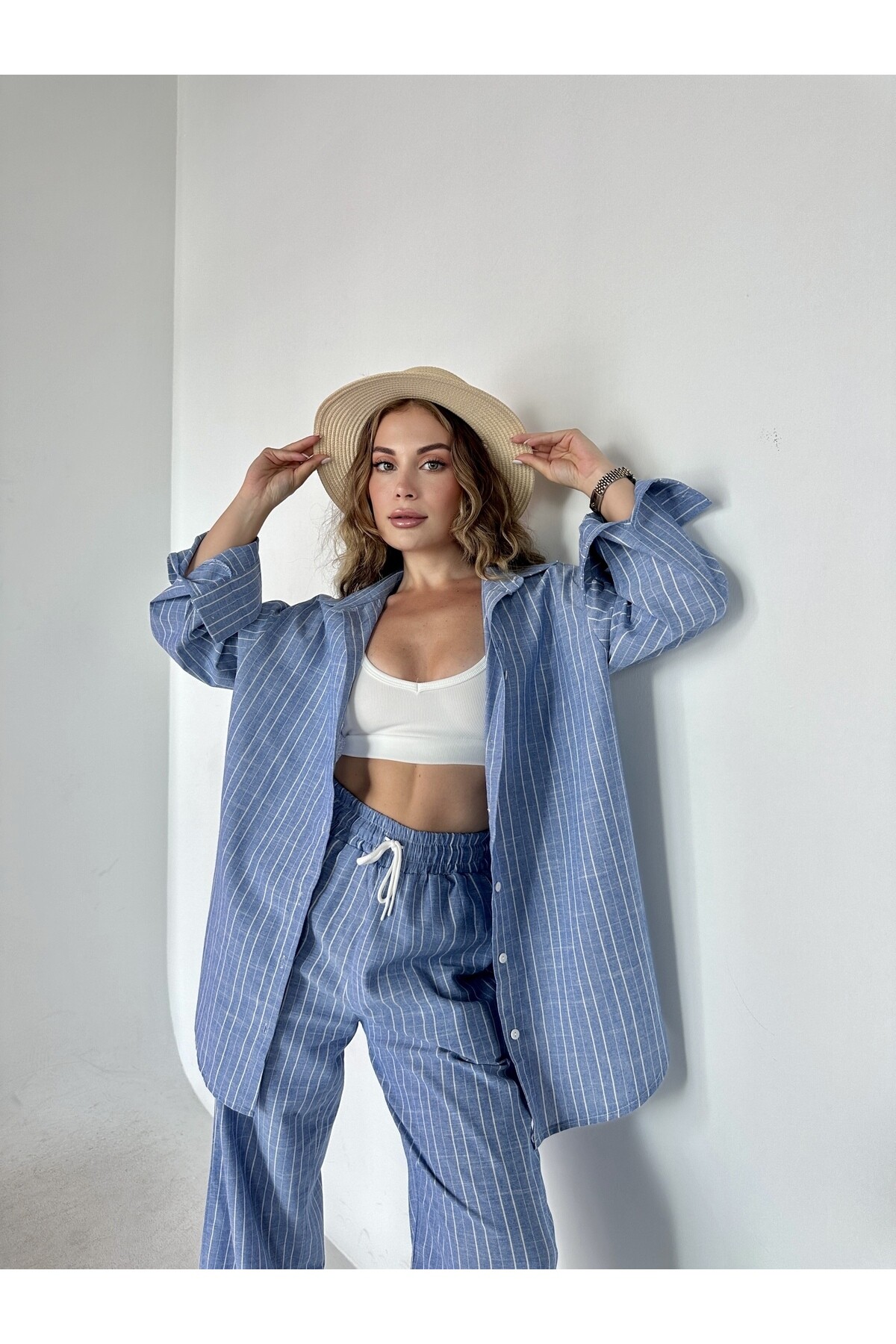 Kadın Çizgili Keten  Palazzo Pantolon  Gömlek Takım Mavi