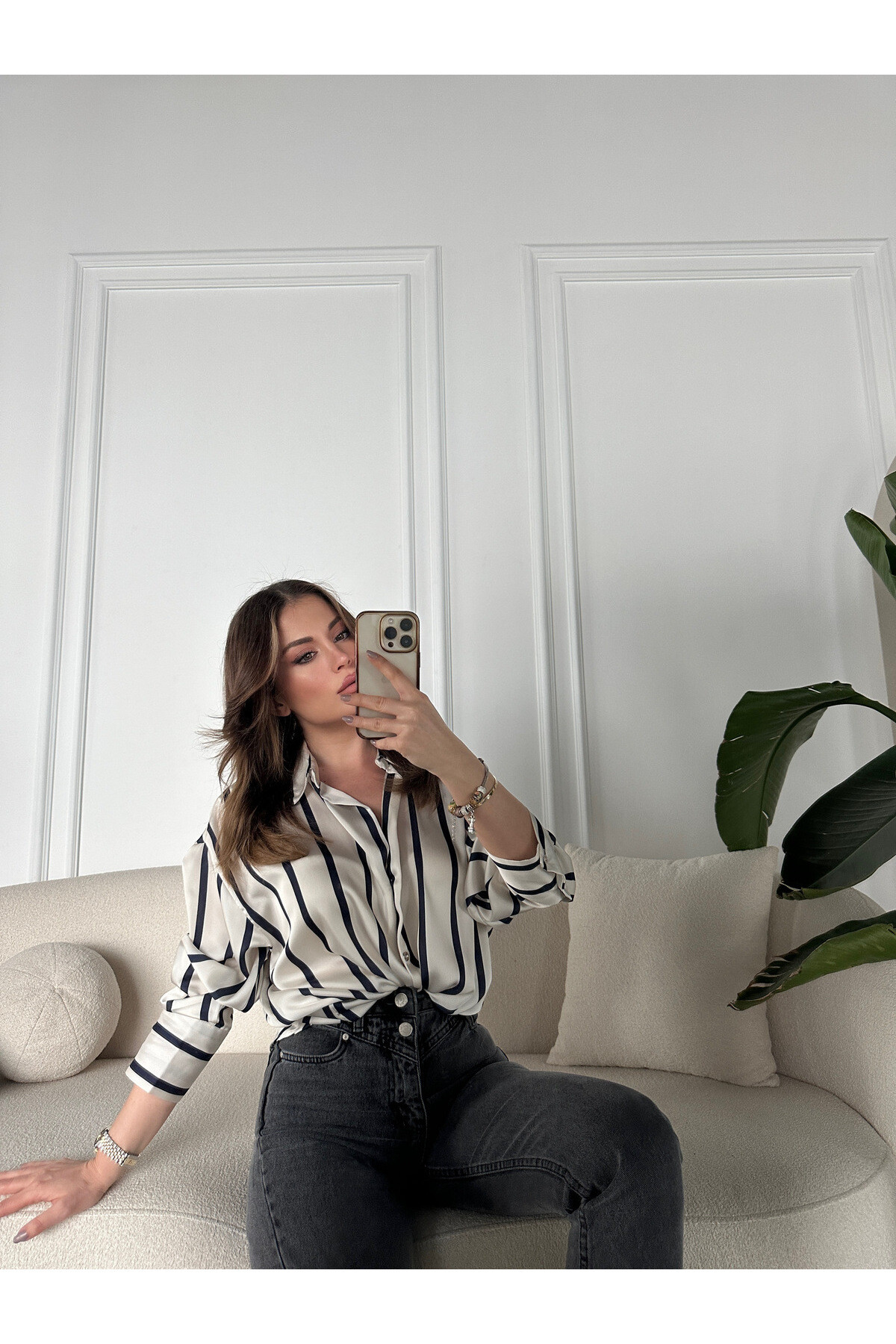 Kadın Çizgili Oversize Saten Gömlek  Siyah