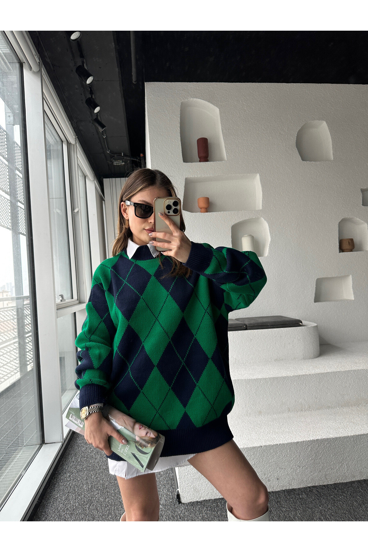 Kadın Dik Yaka Baklava Desen Oversize Triko Kazak  Yeşil