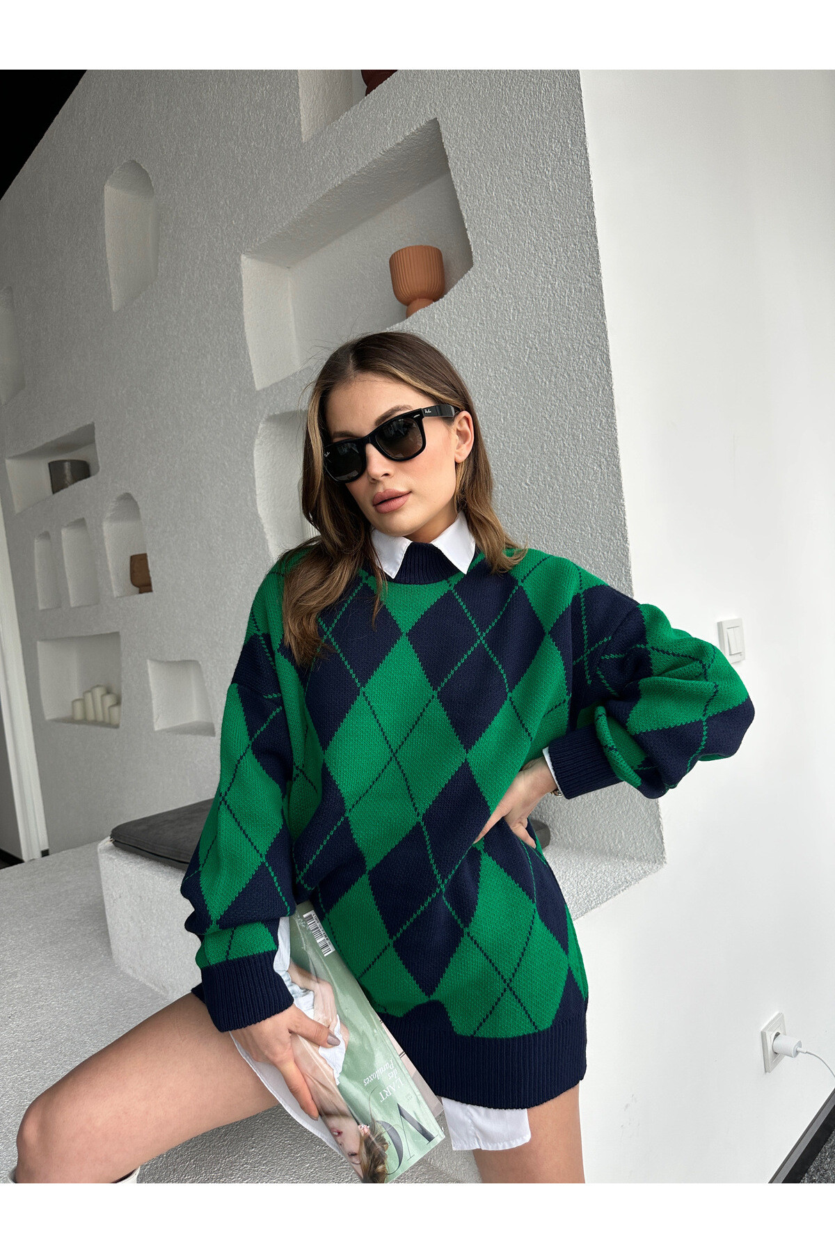 Kadın Dik Yaka Baklava Desen Oversize Triko Kazak  Yeşil