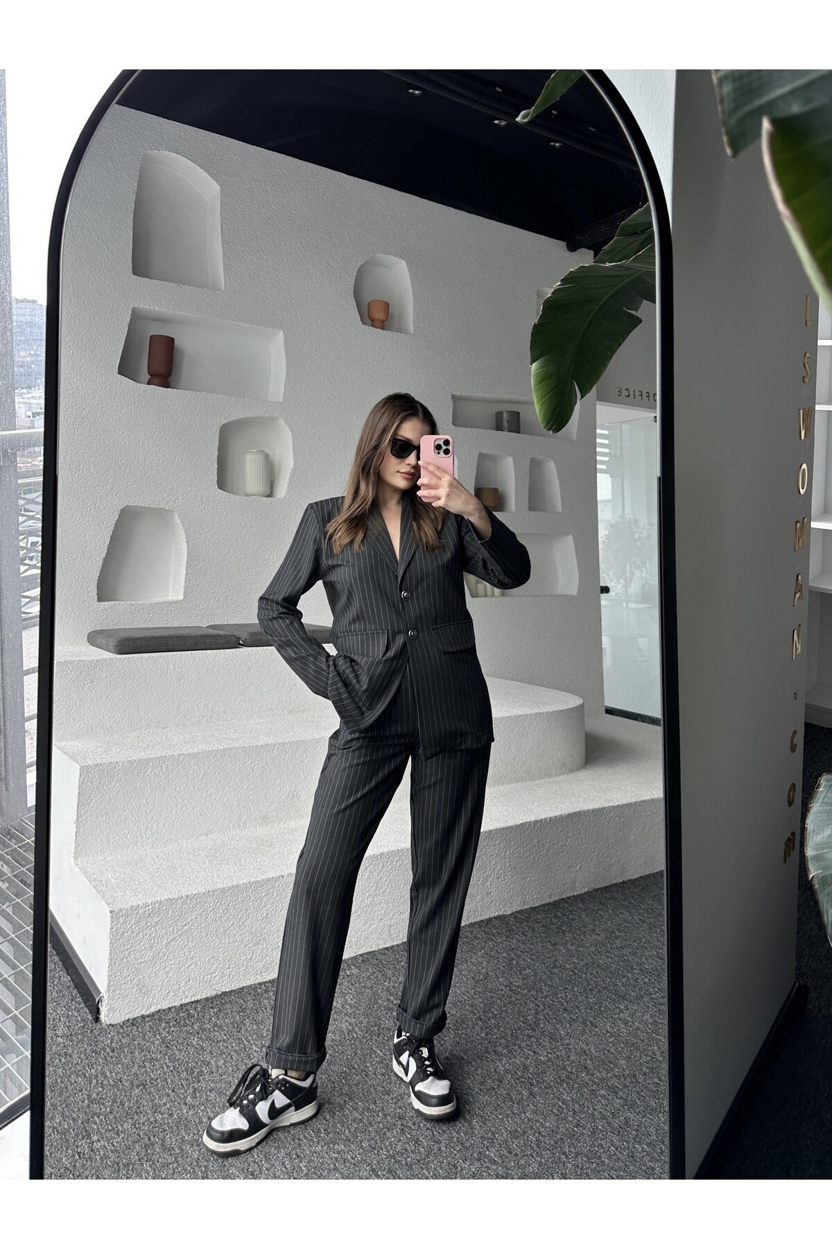 Kadın Düğme Detaylı Çizgili Mevsimlik Pantolon Ceket Takım Gri