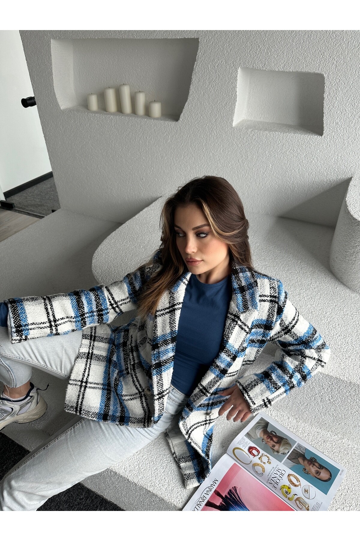 Kadın Ekose Desenli Düğme Detay Astarlı Tüvit Blazer Ceket  Mavi Beyaz