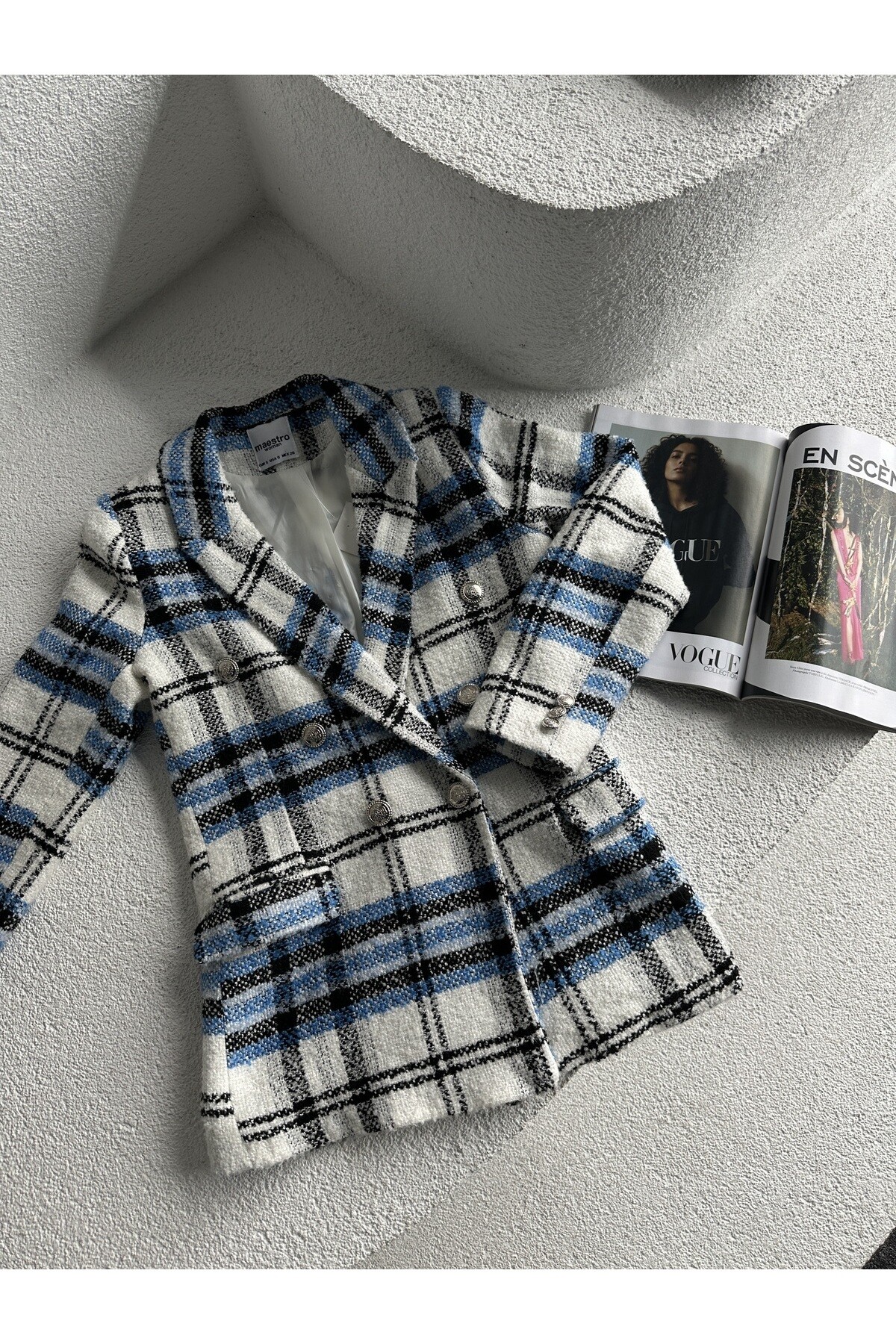 Kadın Ekose Desenli Düğme Detay Astarlı Tüvit Blazer Ceket  Mavi Beyaz