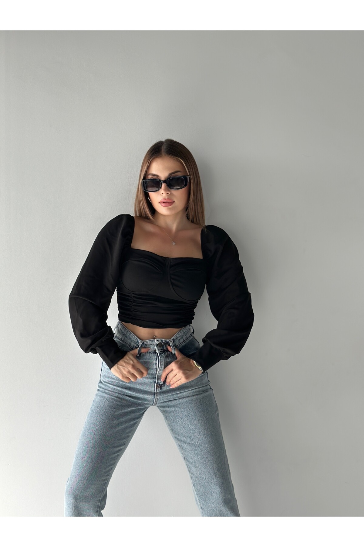 Kadın Gloplu Valonlu Kol Drape Bluz