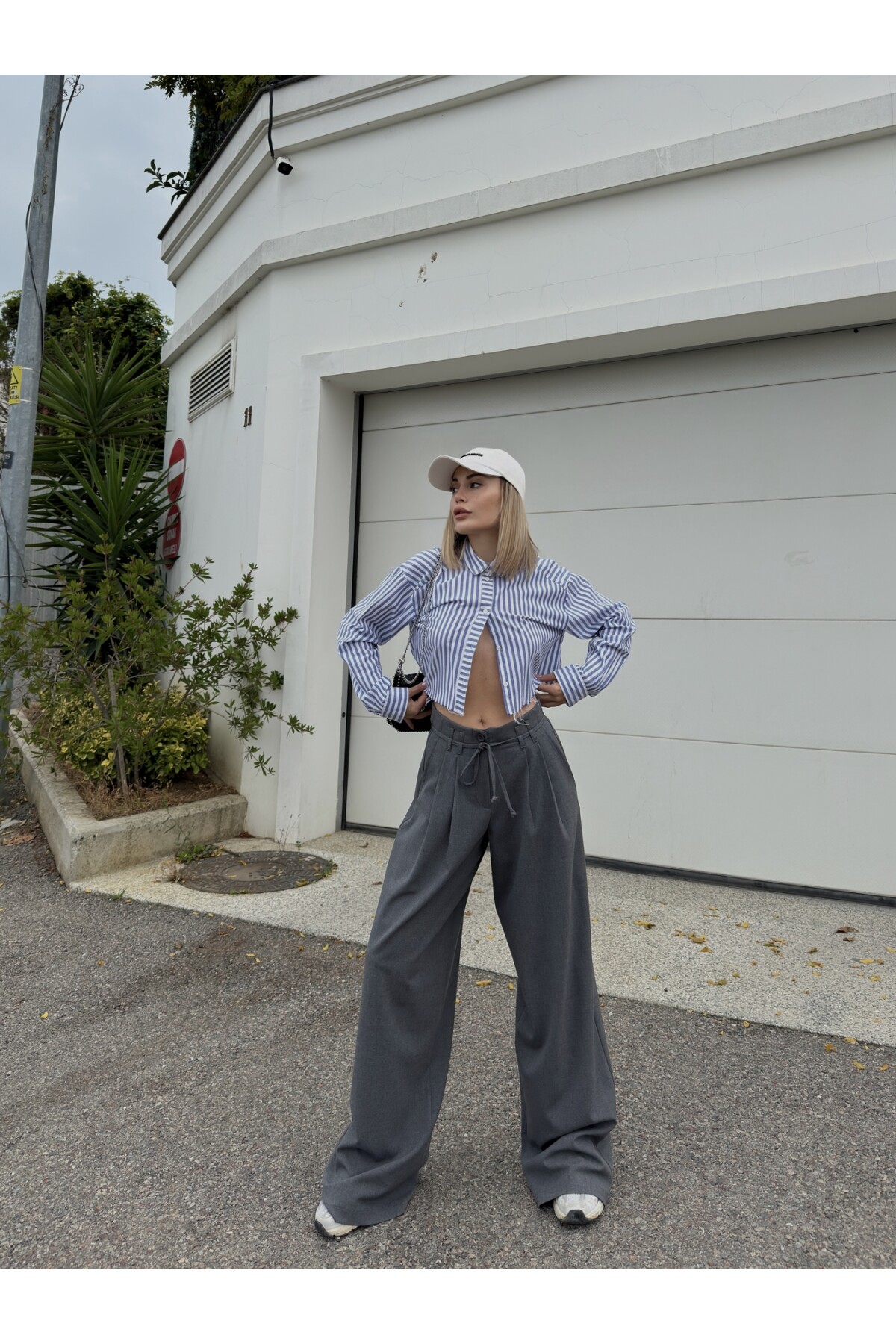 Kadın Gri Bağcıklı Yüksek Bel Premİum Kalıp Palazzo Pantolon