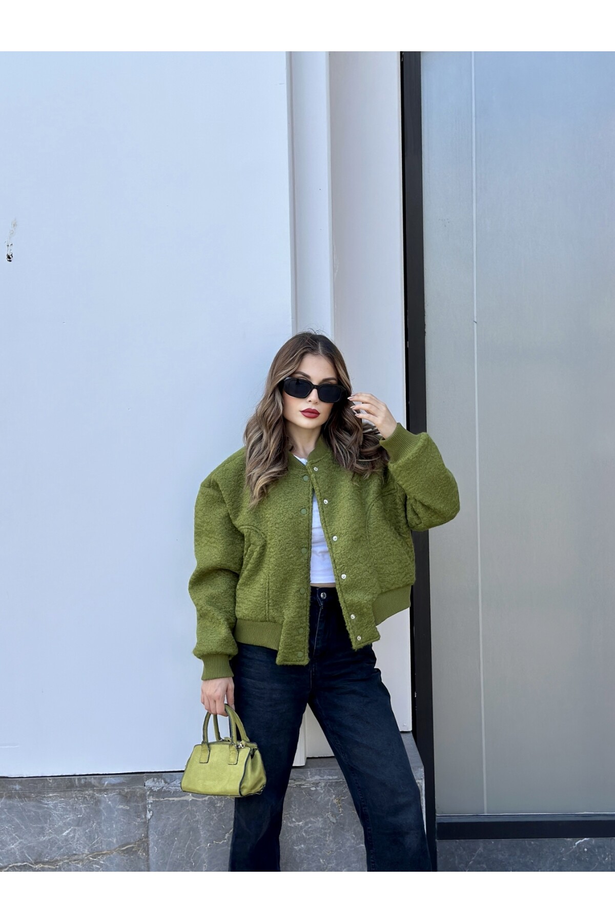 Kadın Haki Astarlı Kaşe Kumaş Cepli Buklet Bomber Ceket