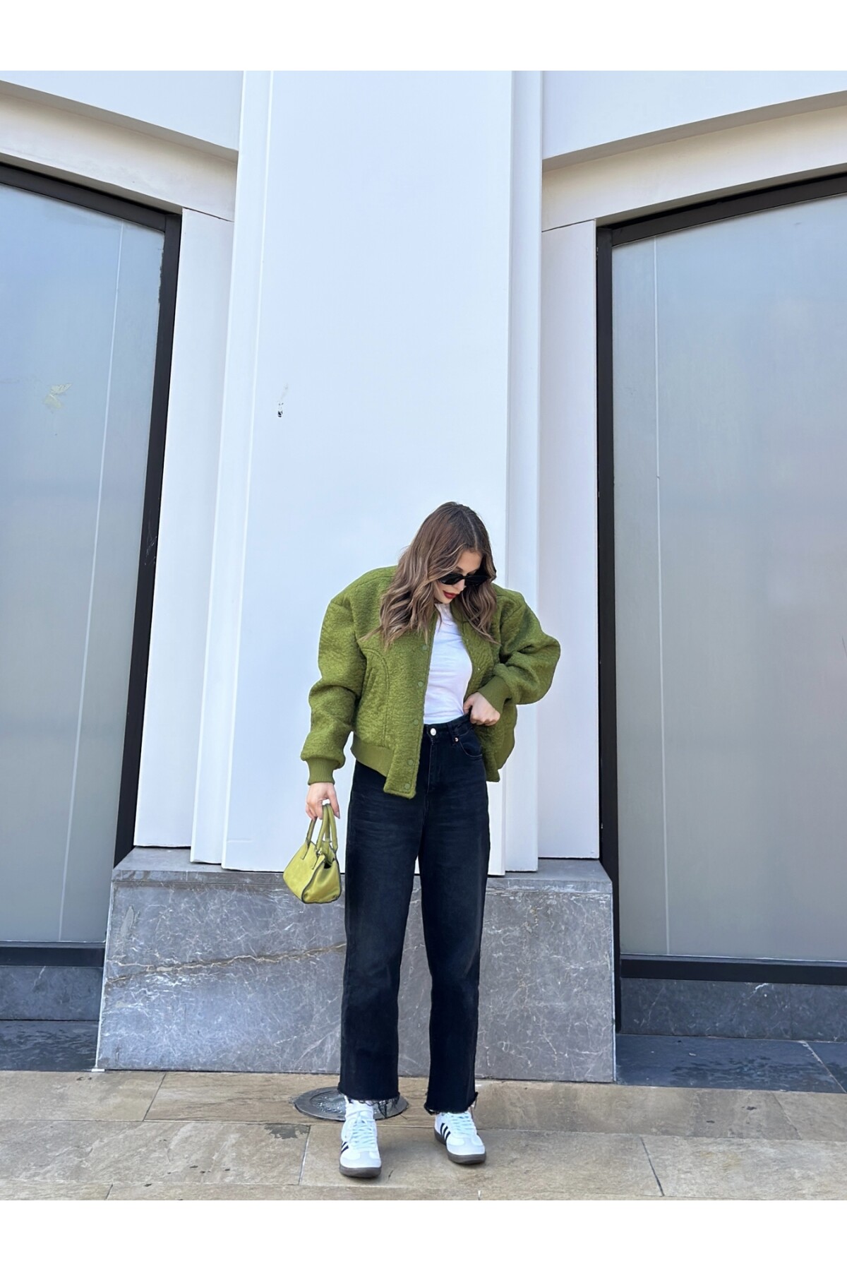 Kadın Haki Astarlı Kaşe Kumaş Cepli Buklet Bomber Ceket