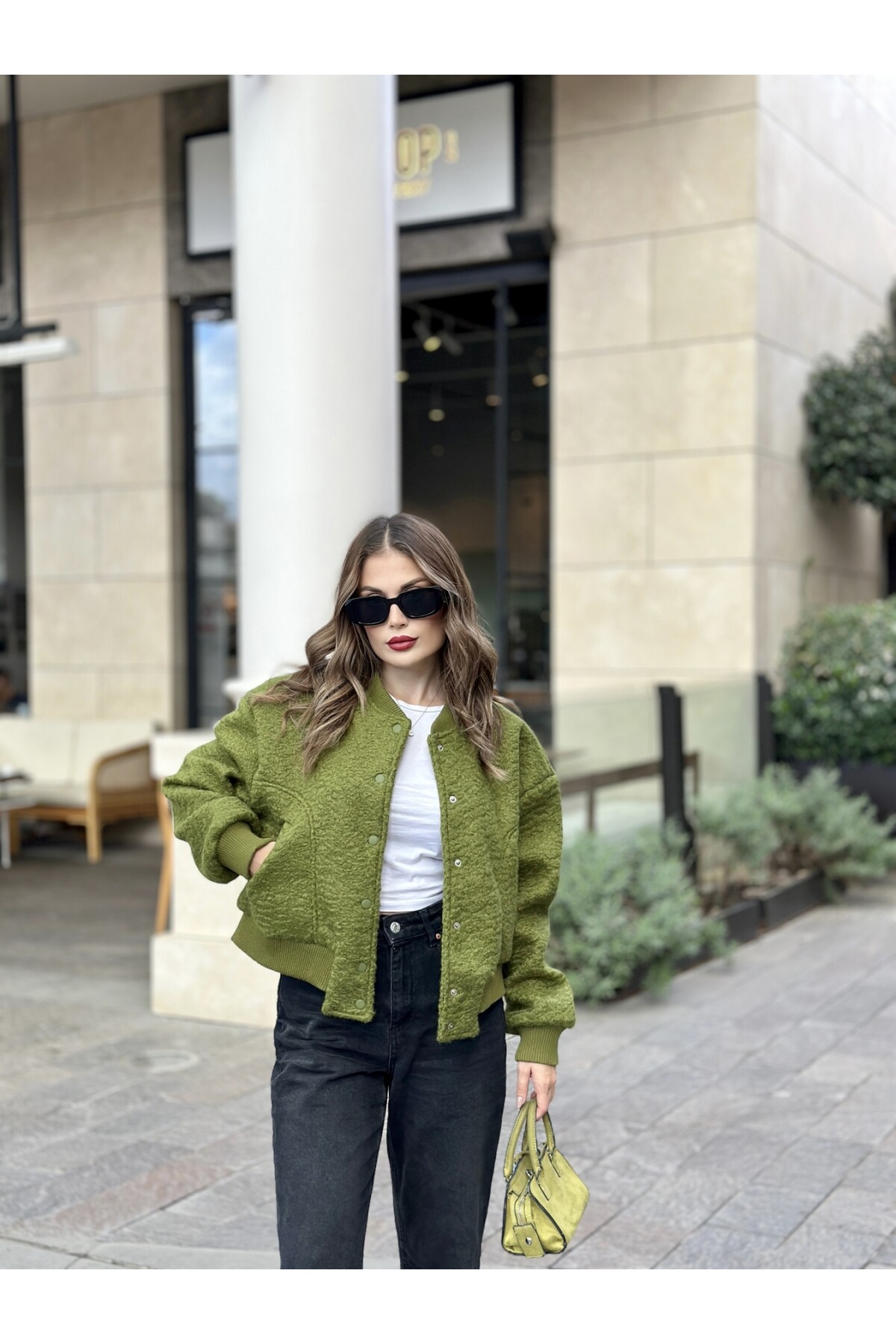 Kadın Haki Astarlı Kaşe Kumaş Cepli Buklet Bomber Ceket