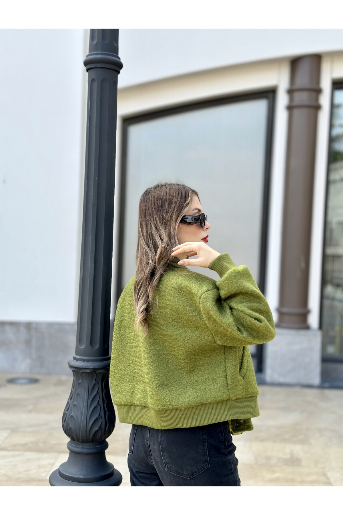 Kadın Haki Astarlı Kaşe Kumaş Cepli Buklet Bomber Ceket