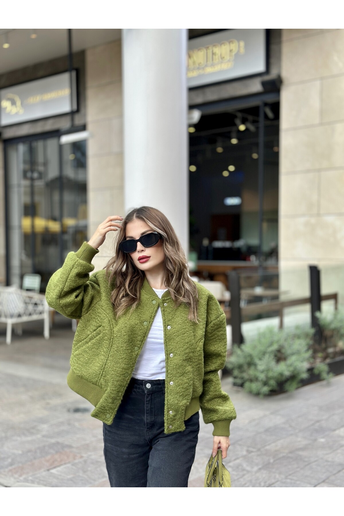 Kadın Haki Astarlı Kaşe Kumaş Cepli Buklet Bomber Ceket